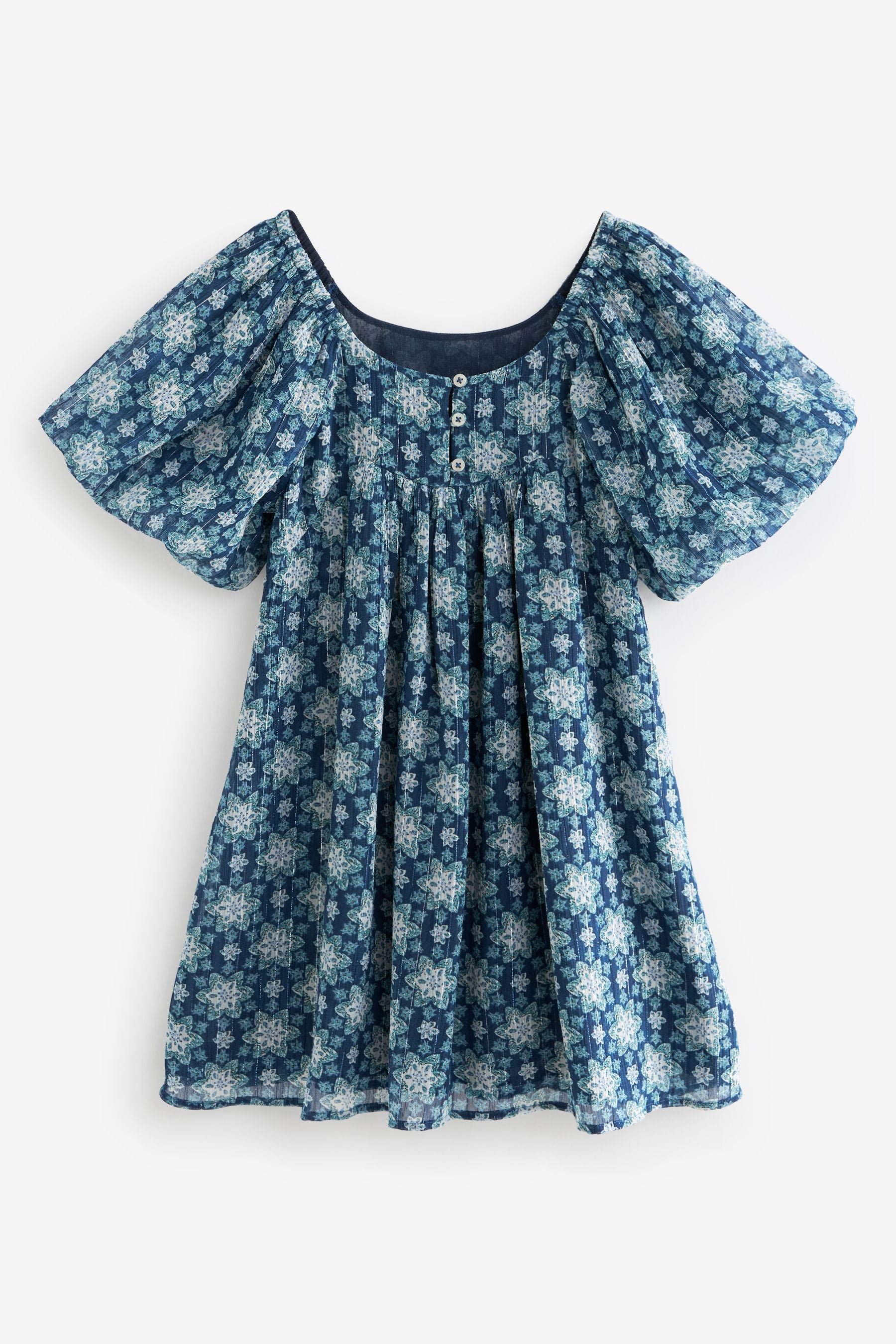 Blue Printed Puff Sleeve Dress (3-16yrs)