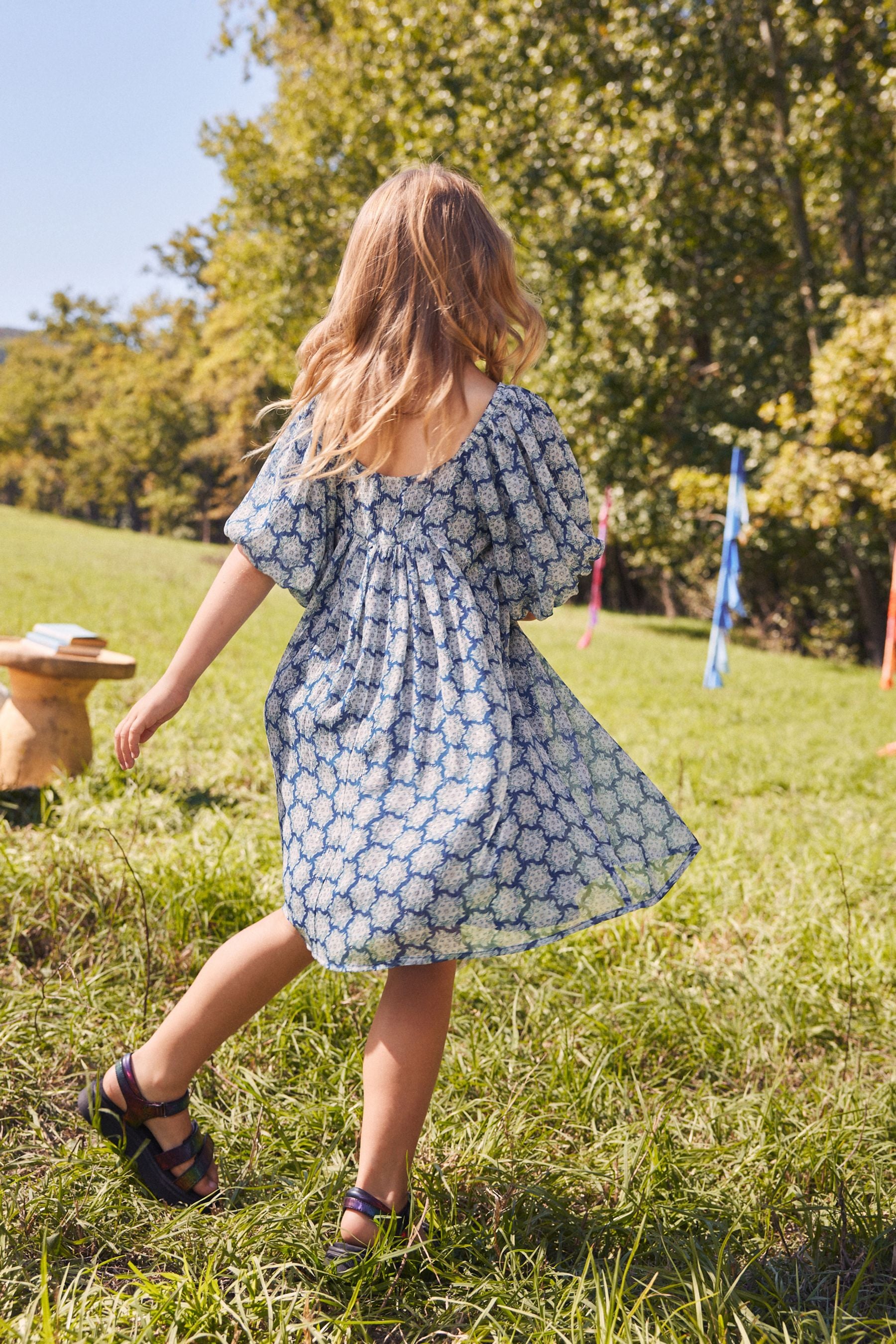 Blue Printed Puff Sleeve Dress (3-16yrs)