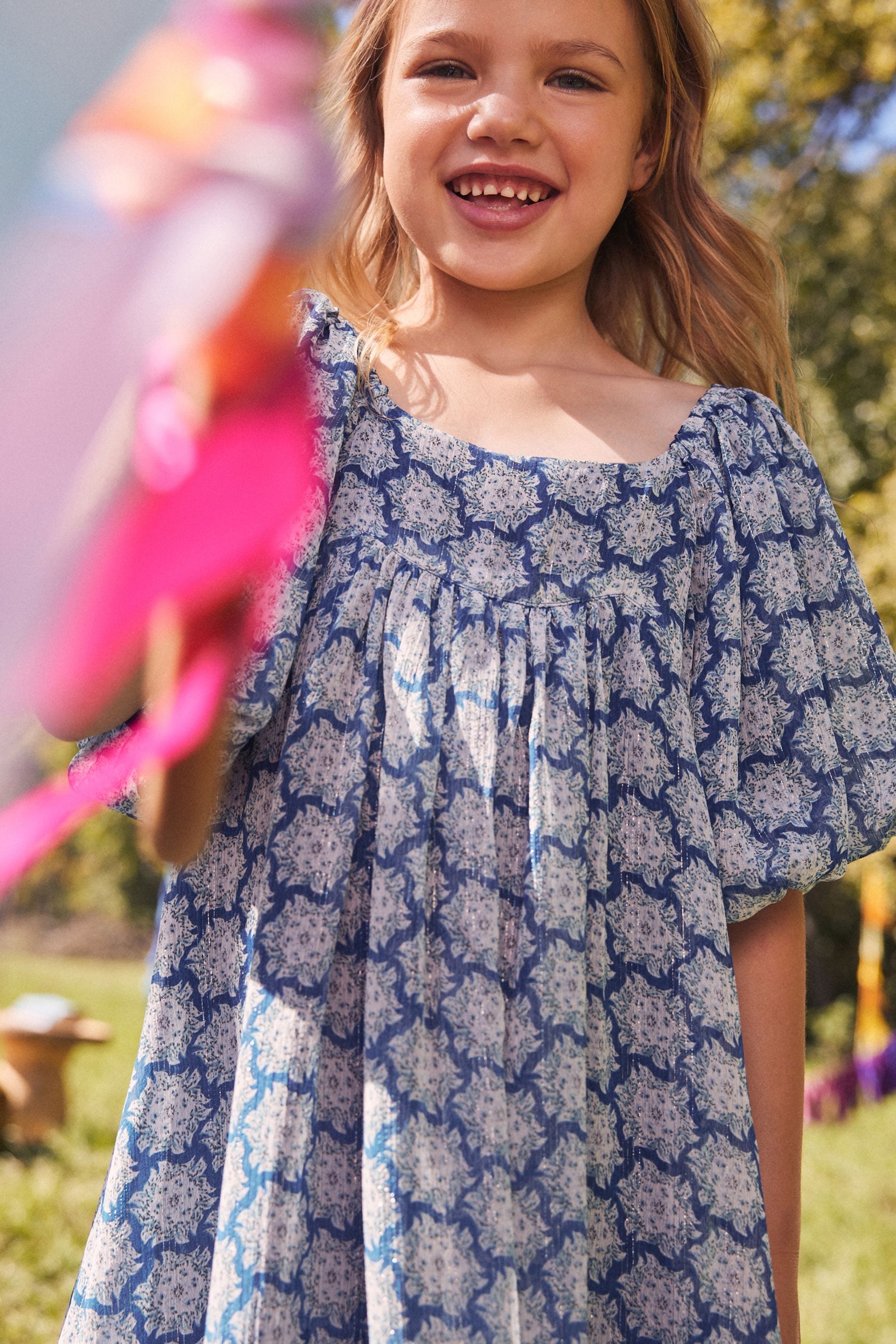 Blue Printed Puff Sleeve Dress (3-16yrs)