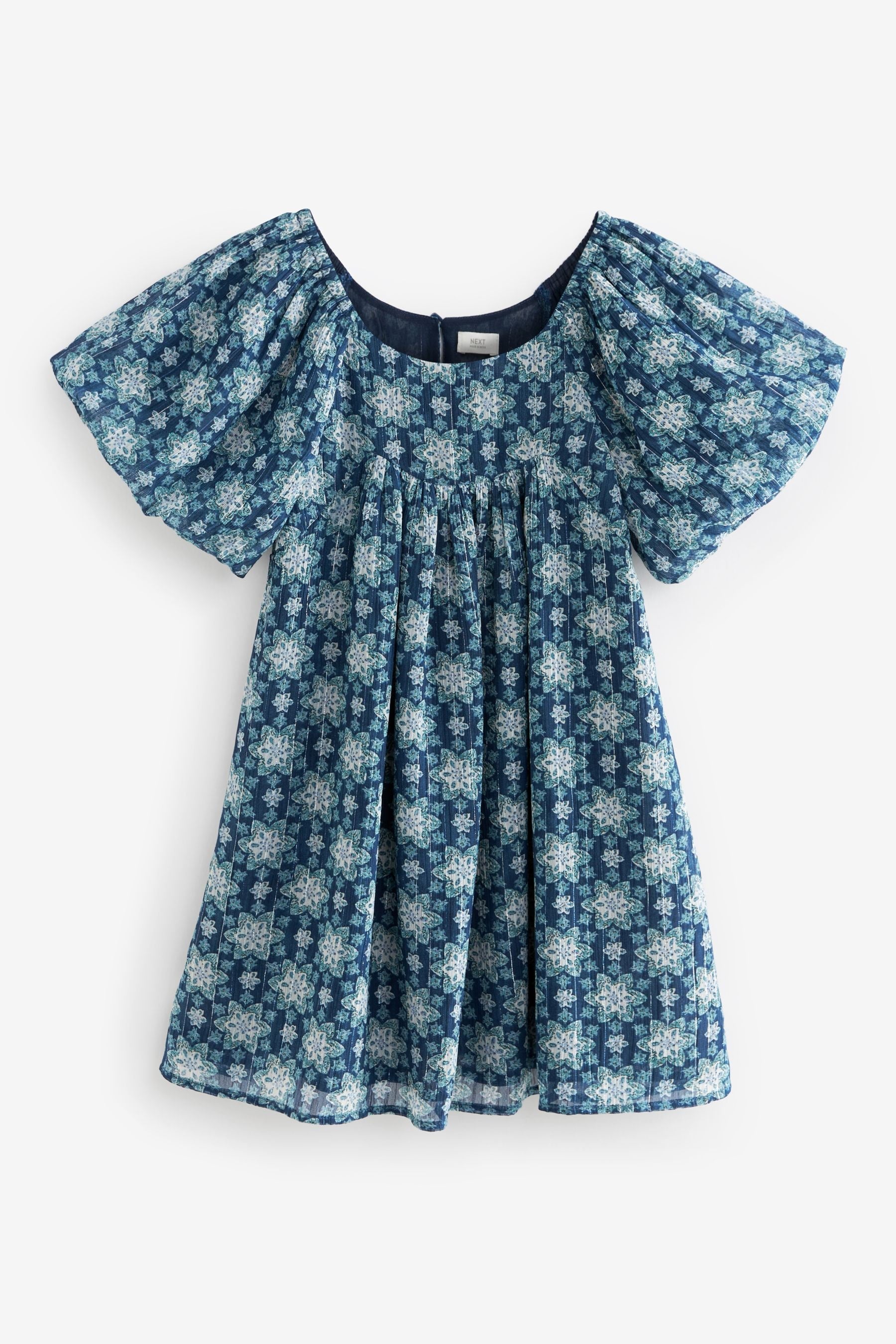 Blue Printed Puff Sleeve Dress (3-16yrs)