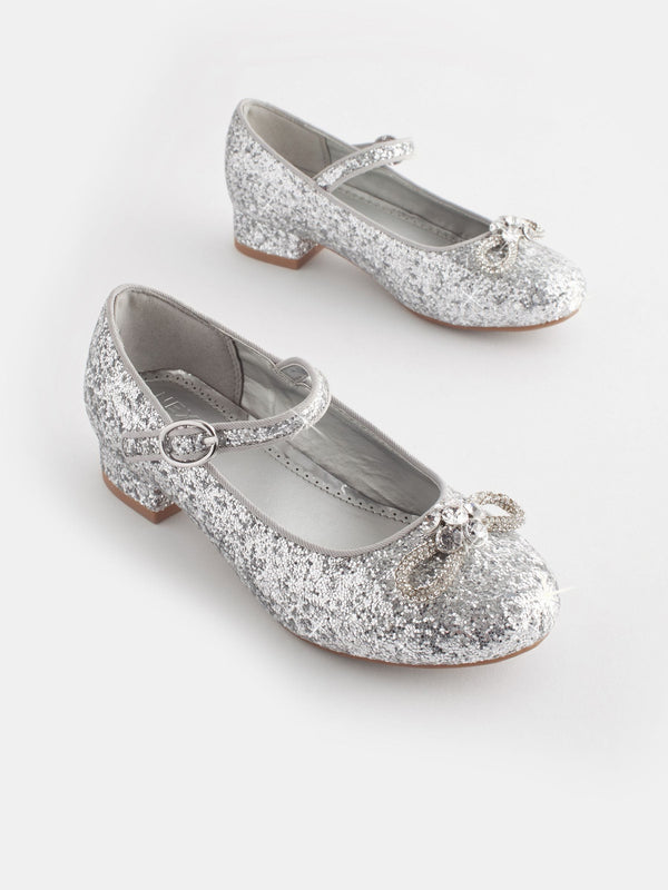 Silver Glitter Bow Mary Jane Occasion Heel Shoes