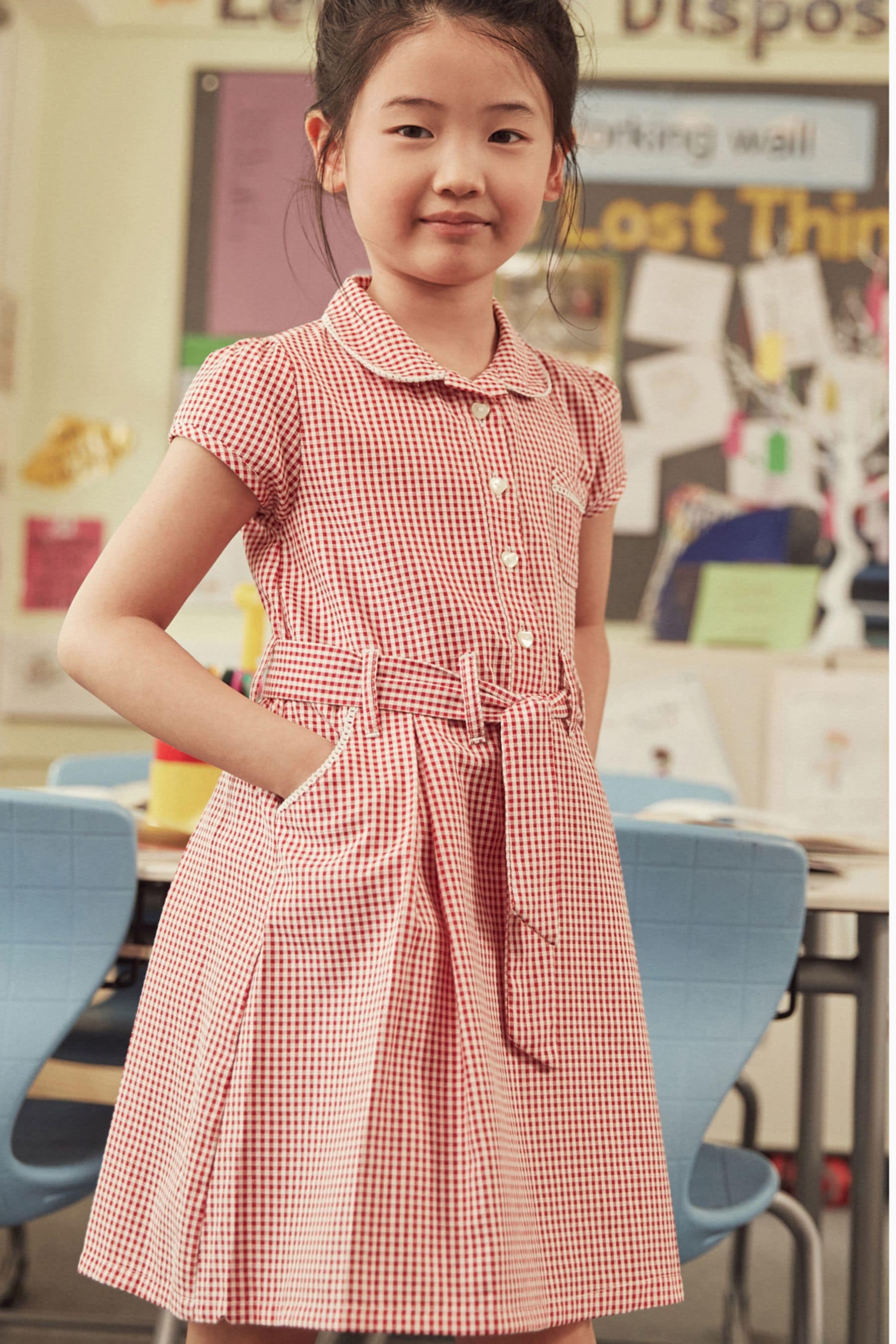 Red Gingham 100% Cotton Rich Belted School Dress With Scrunchie (3-14yrs)