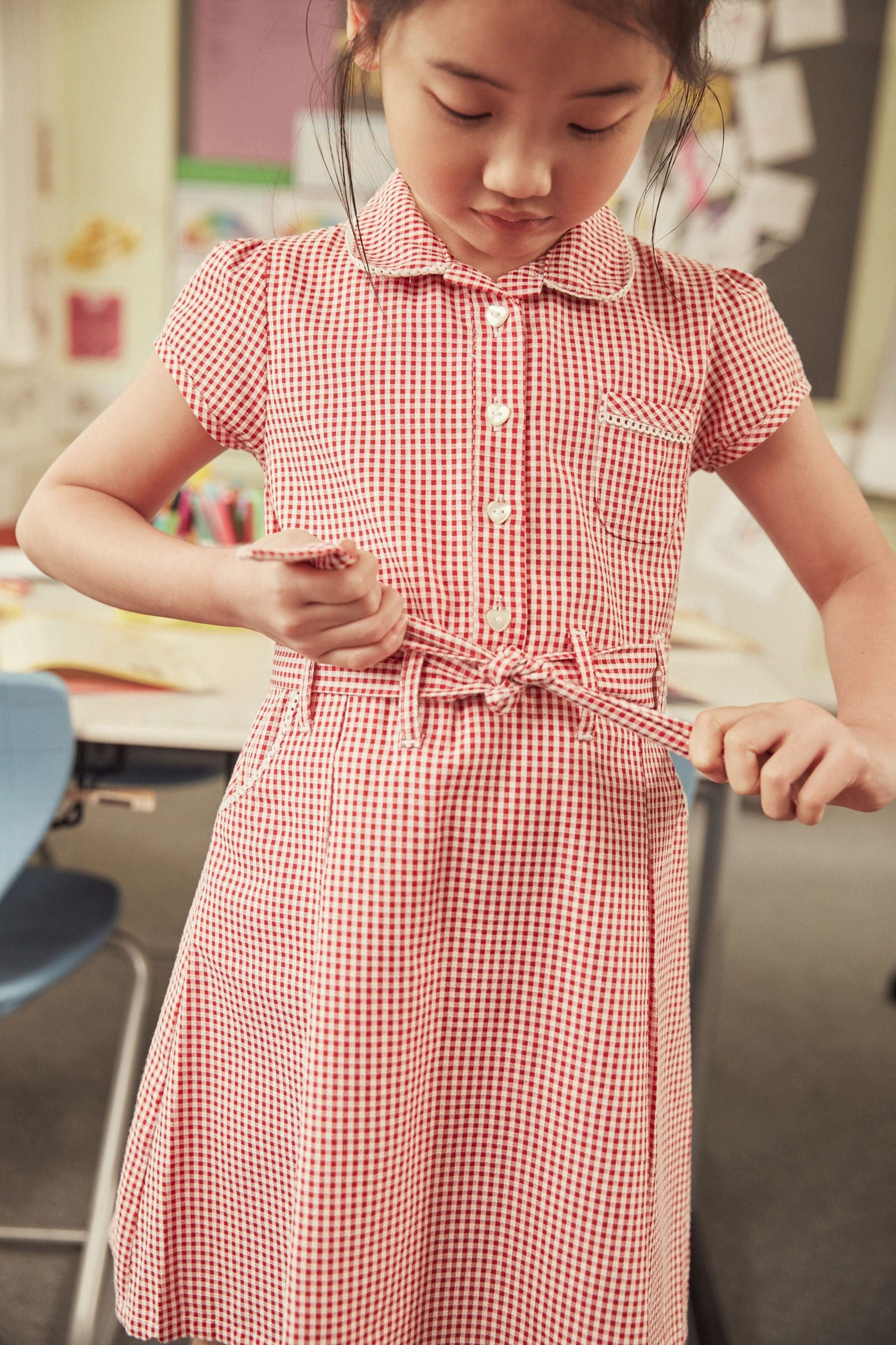 Red Gingham 100% Cotton Rich Belted School Dress With Scrunchie (3-14yrs)