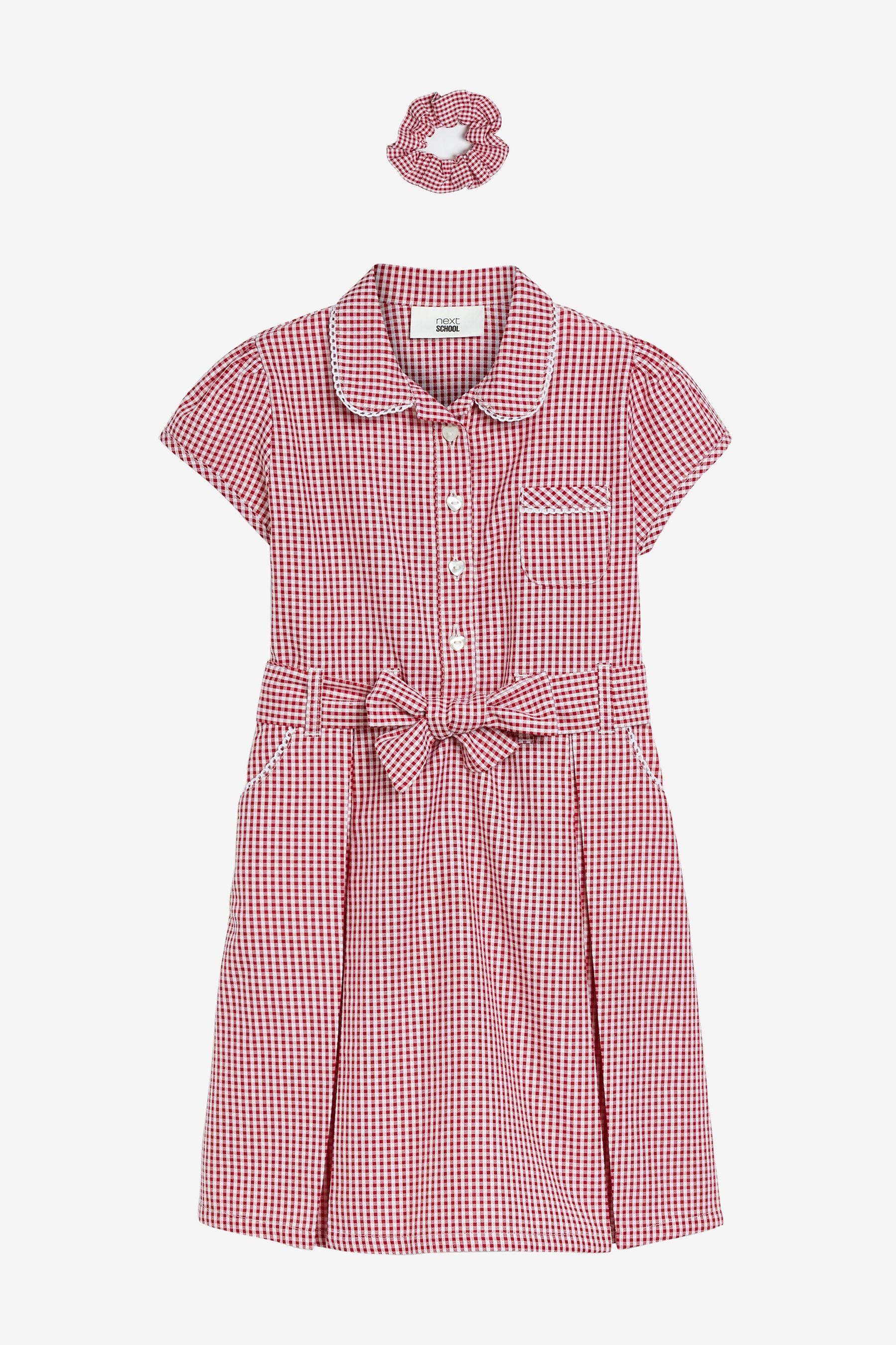 Red Gingham 100% Cotton Rich Belted School Dress With Scrunchie (3-14yrs)