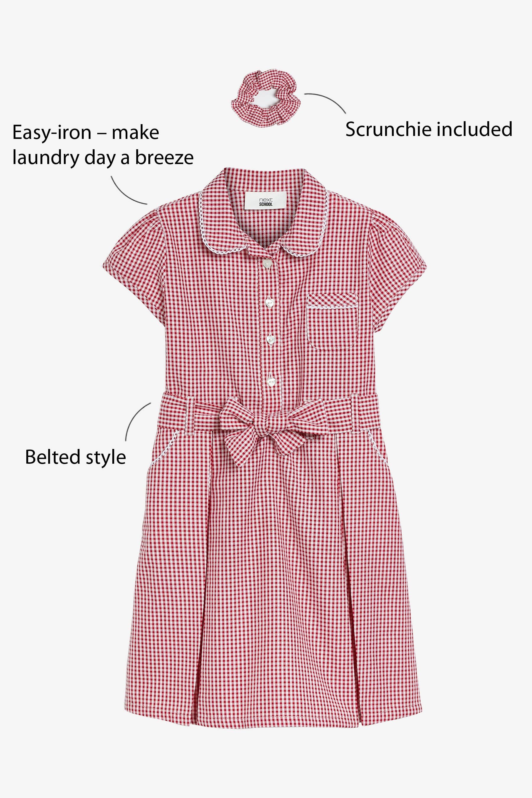 Red Gingham 100% Cotton Rich Belted School Dress With Scrunchie (3-14yrs)