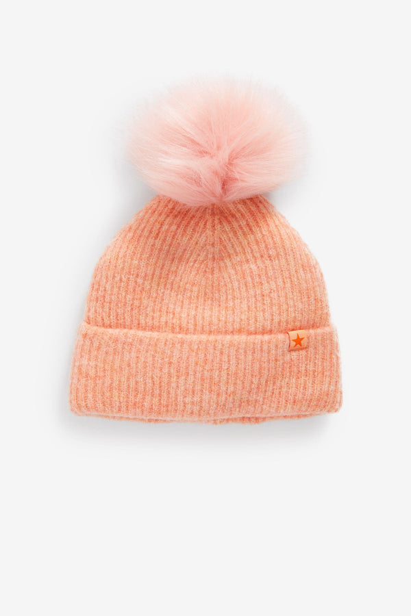 Peach Pink Pom Pom Beanie Hat (3-16yrs)