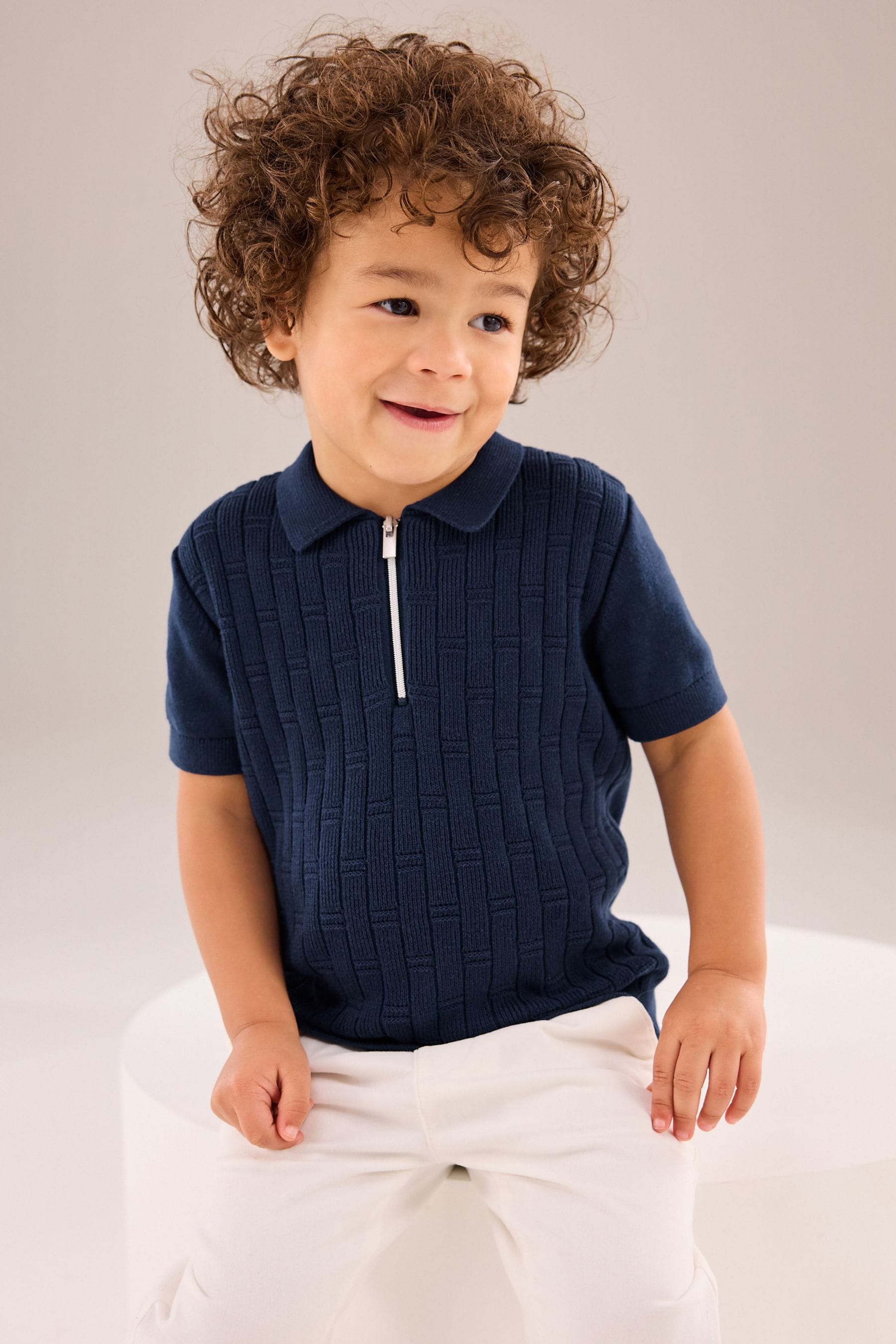 Navy Polo Short Sleeve Zip Neck 100% Cotton Sweater (3mths-7yrs)