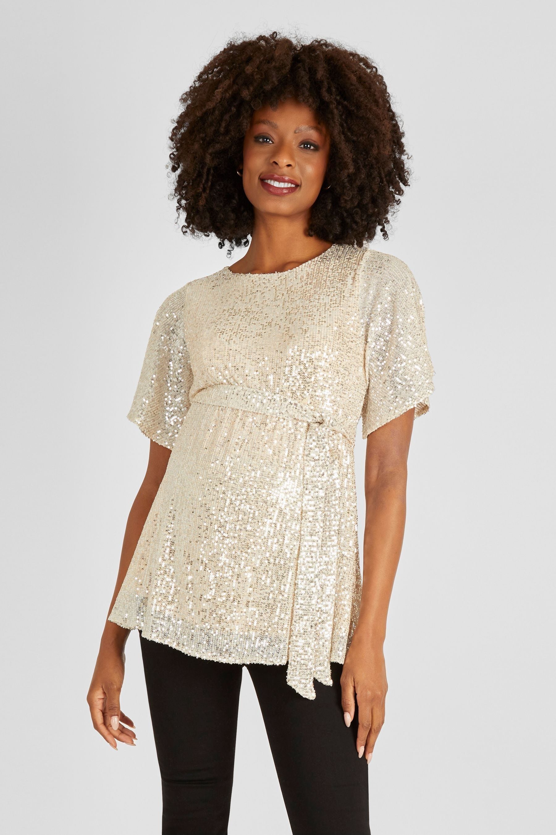 Champagne JoJo Maman Bébé Sequin Flutter Sleeve Top