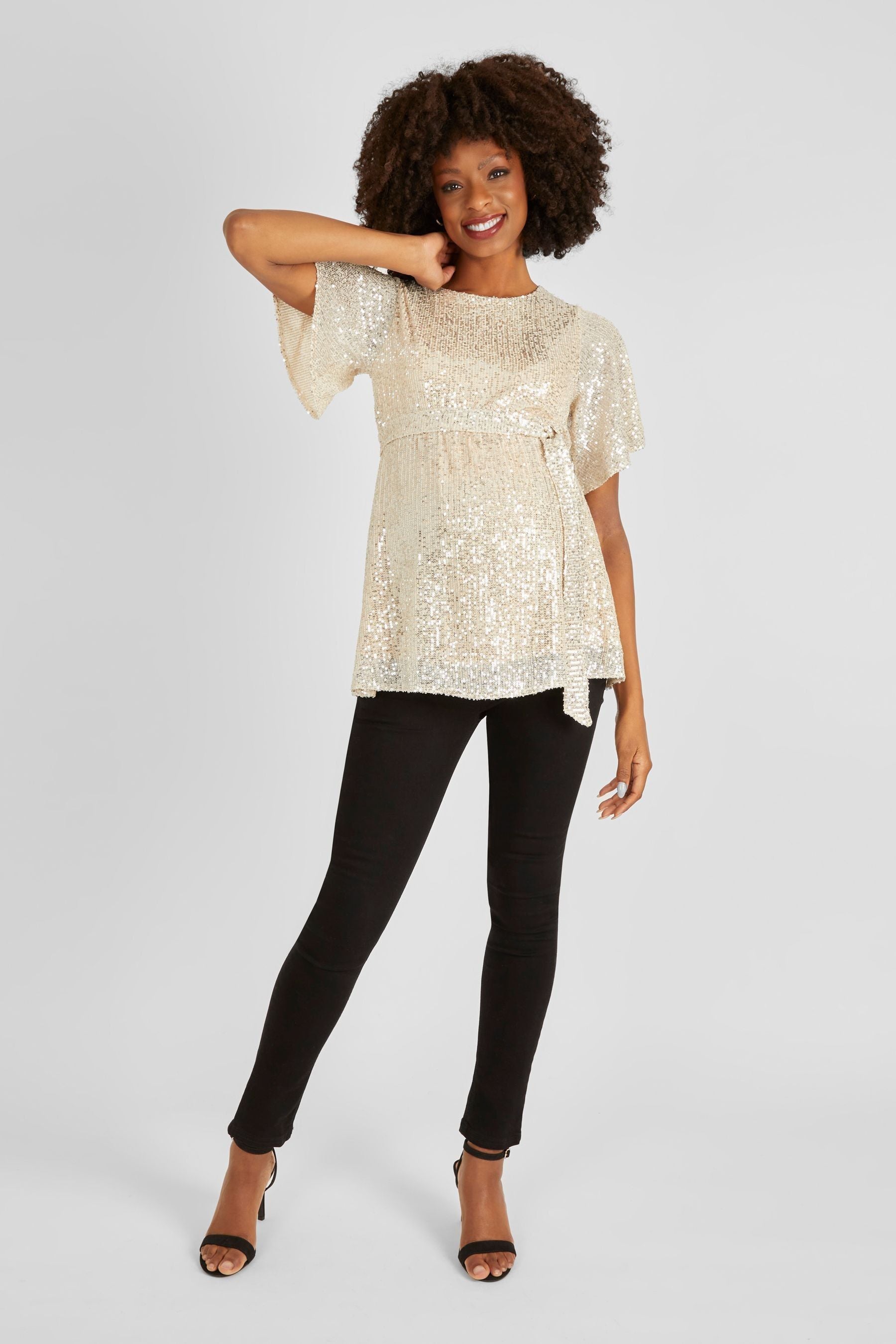 Champagne JoJo Maman Bébé Sequin Flutter Sleeve Top