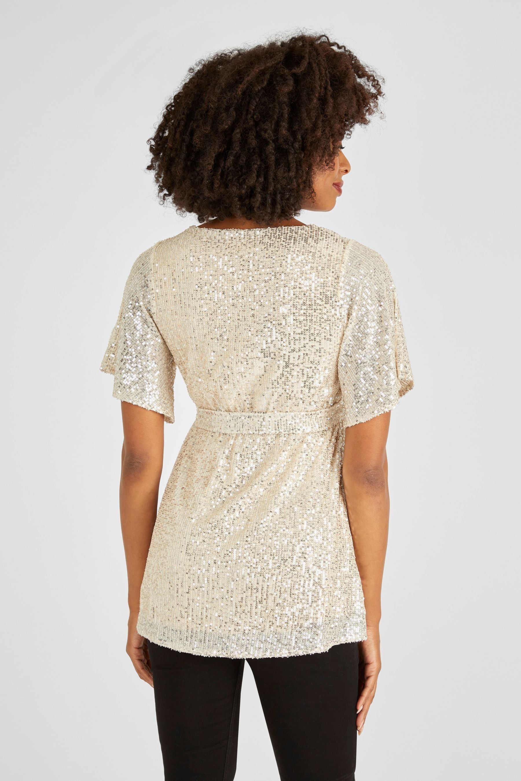 Champagne JoJo Maman Bébé Sequin Flutter Sleeve Top