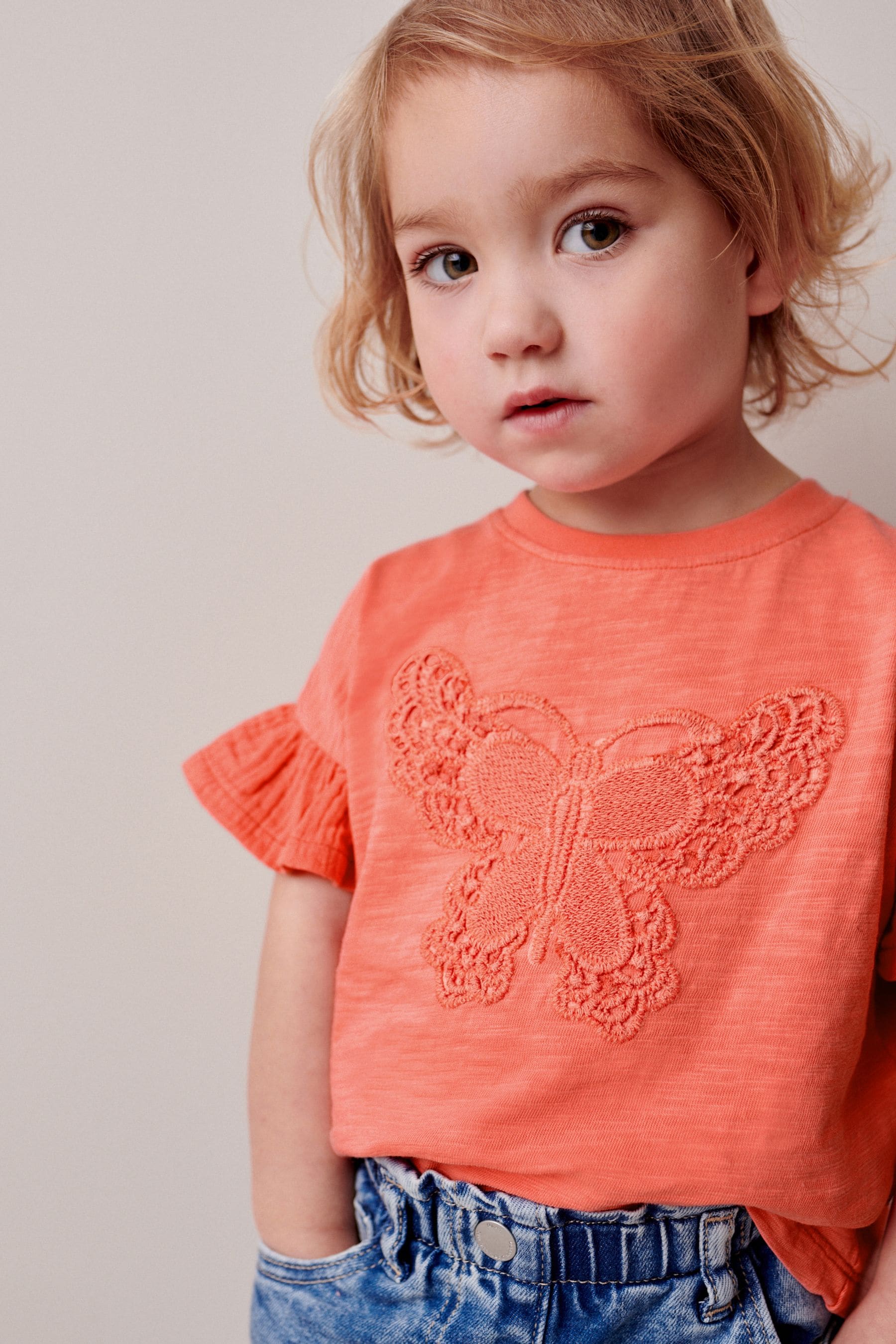 Coral Pink Crochet Butterfly 100% Cotton T-Shirt (3mths-7yrs)