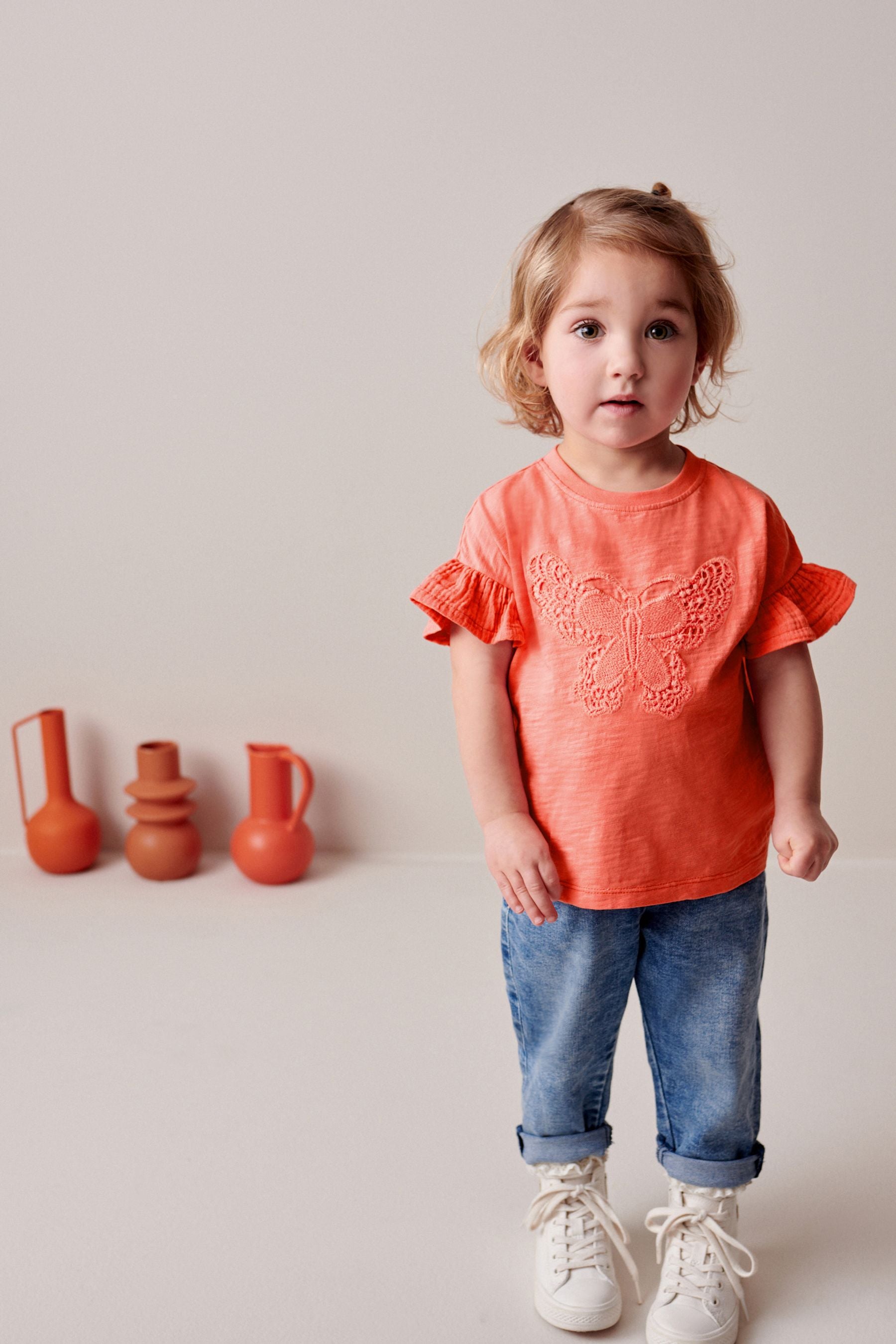 Coral Pink Crochet Butterfly 100% Cotton T-Shirt (3mths-7yrs)