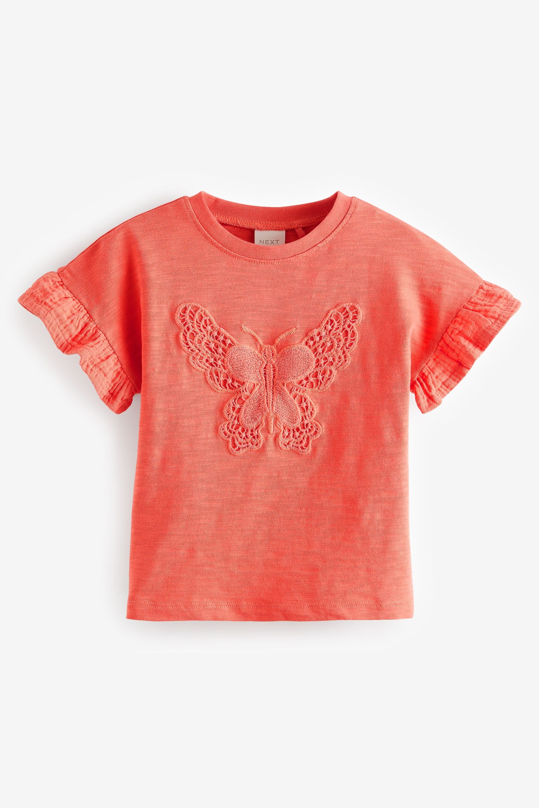 Coral Pink Crochet Butterfly 100% Cotton T-Shirt (3mths-7yrs)