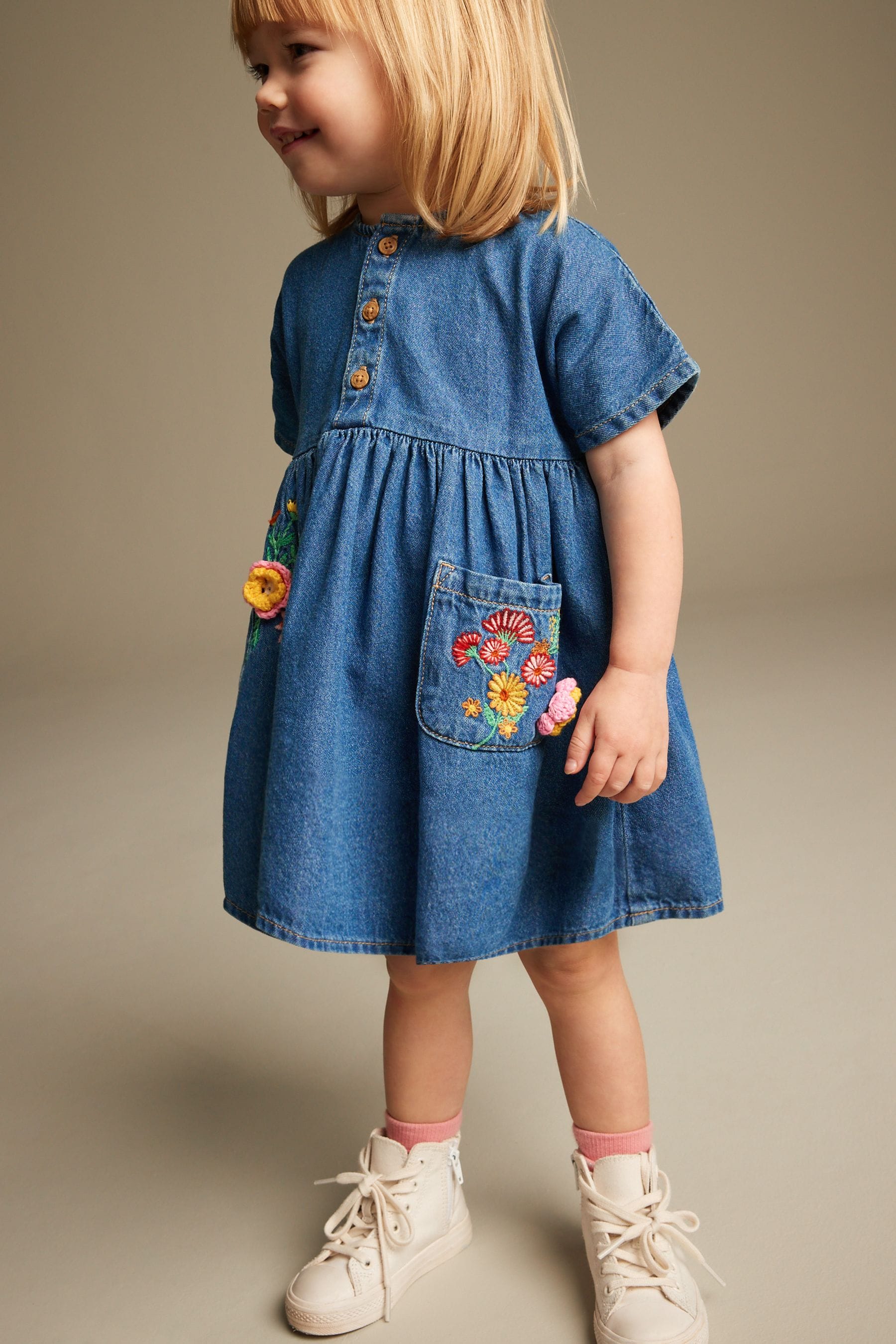 Blue Denim Embroidered Relaxed 100% Cotton Dress (3mths-8yrs)