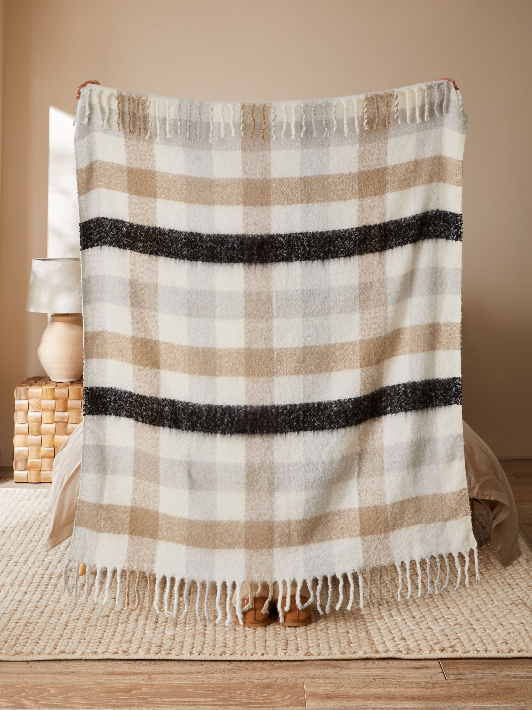 Natural Check Wool Blend Throw