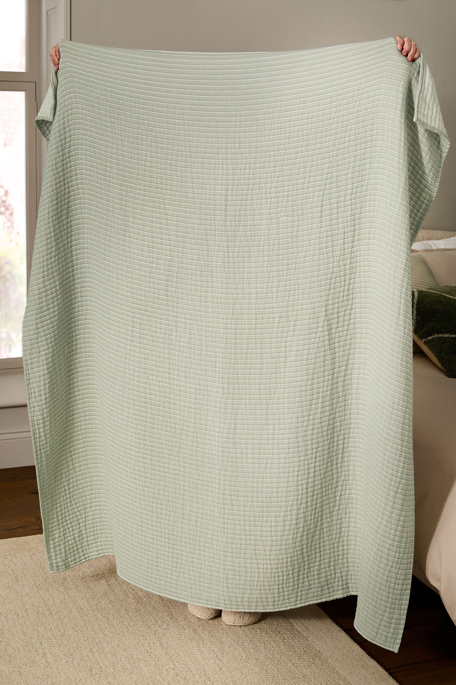 Sage Green Muslin Stripe 100% Cotton Throw