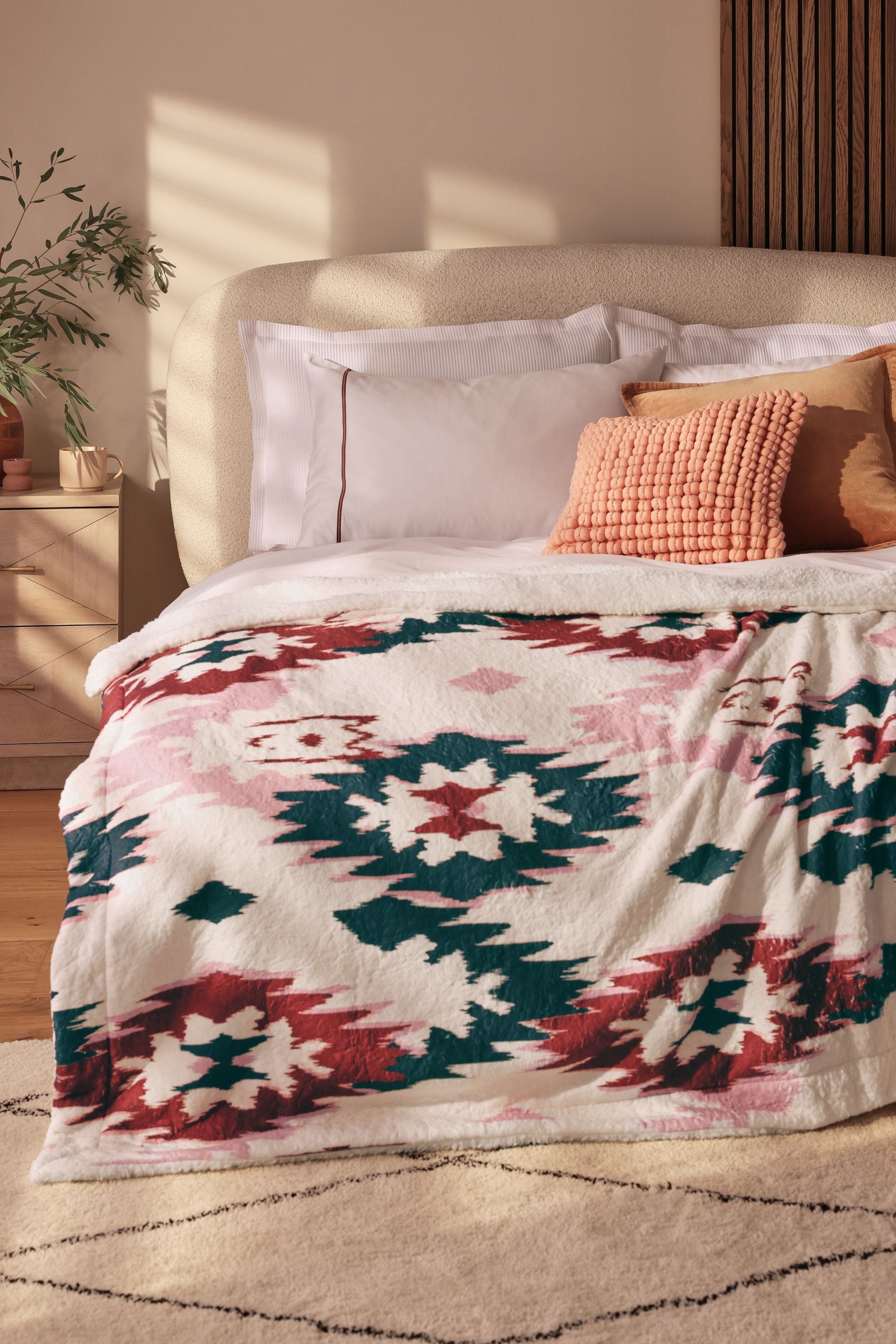 Natural Borg Aztec Print Throw