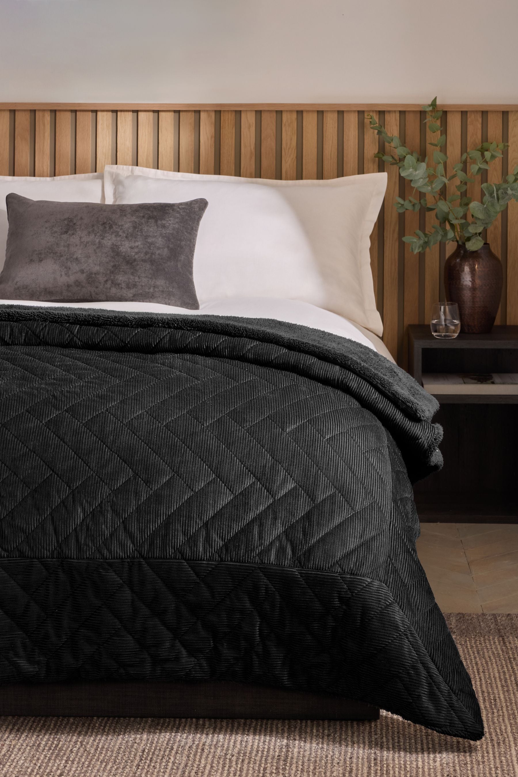 Charcoal Grey Quilted Cord Sherpa Reverse Throw