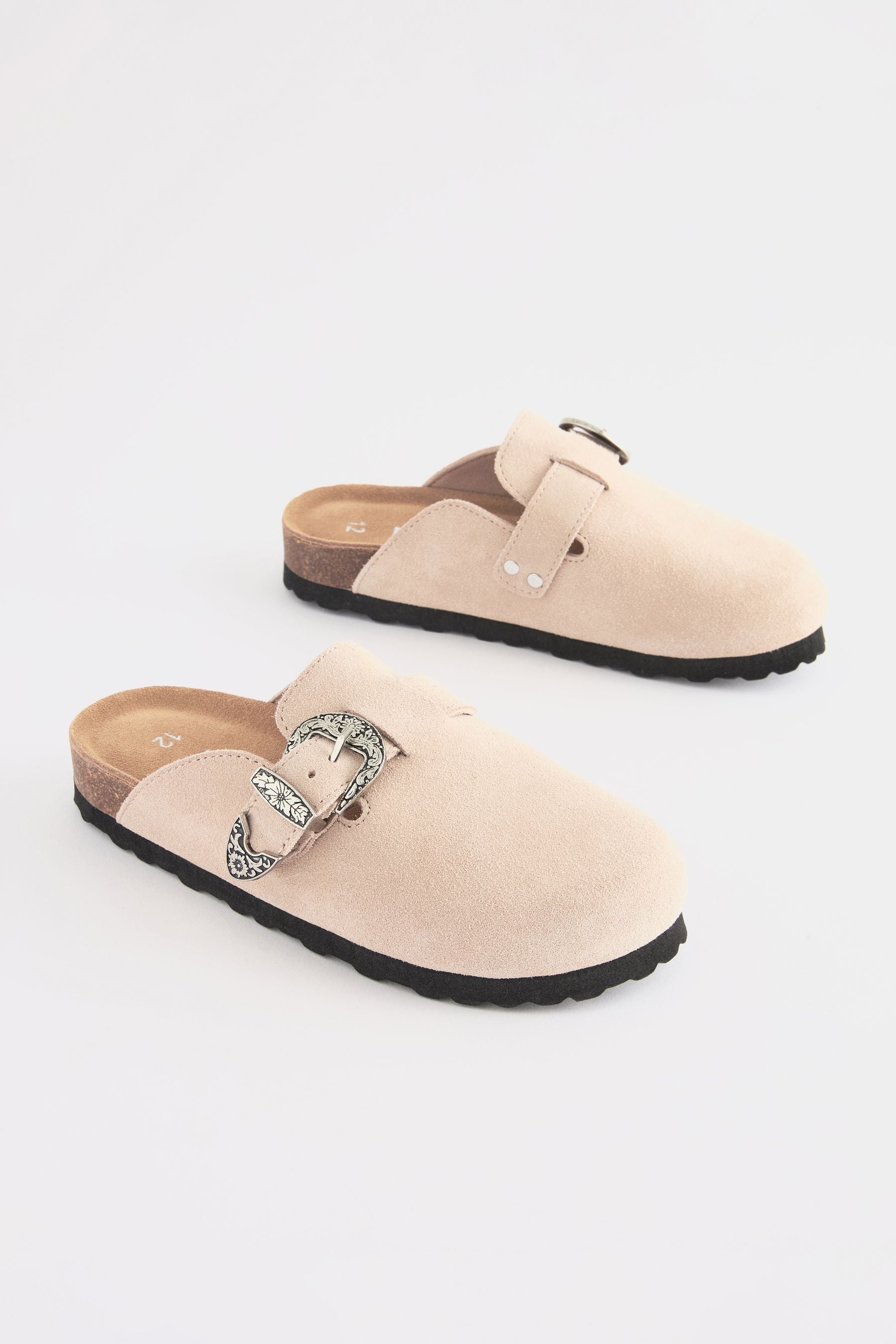 Neutral Western Buckle Suede Slip-On Clogs