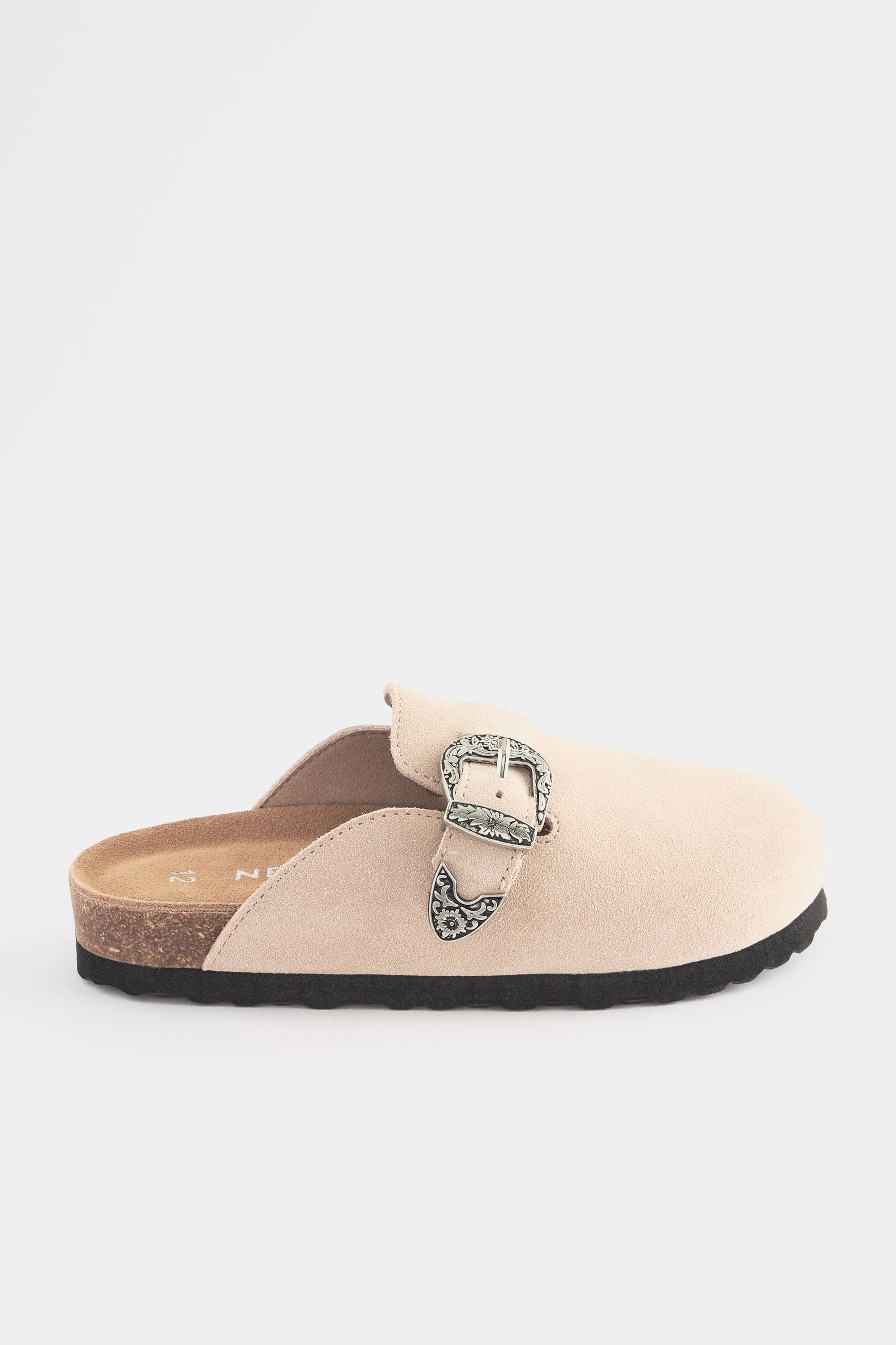 Neutral Western Buckle Suede Slip-On Clogs