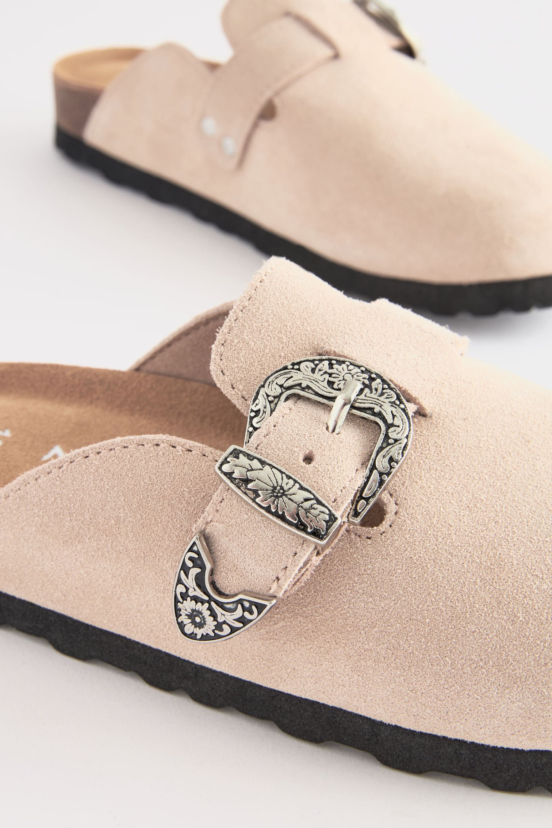 Neutral Western Buckle Suede Slip-On Clogs