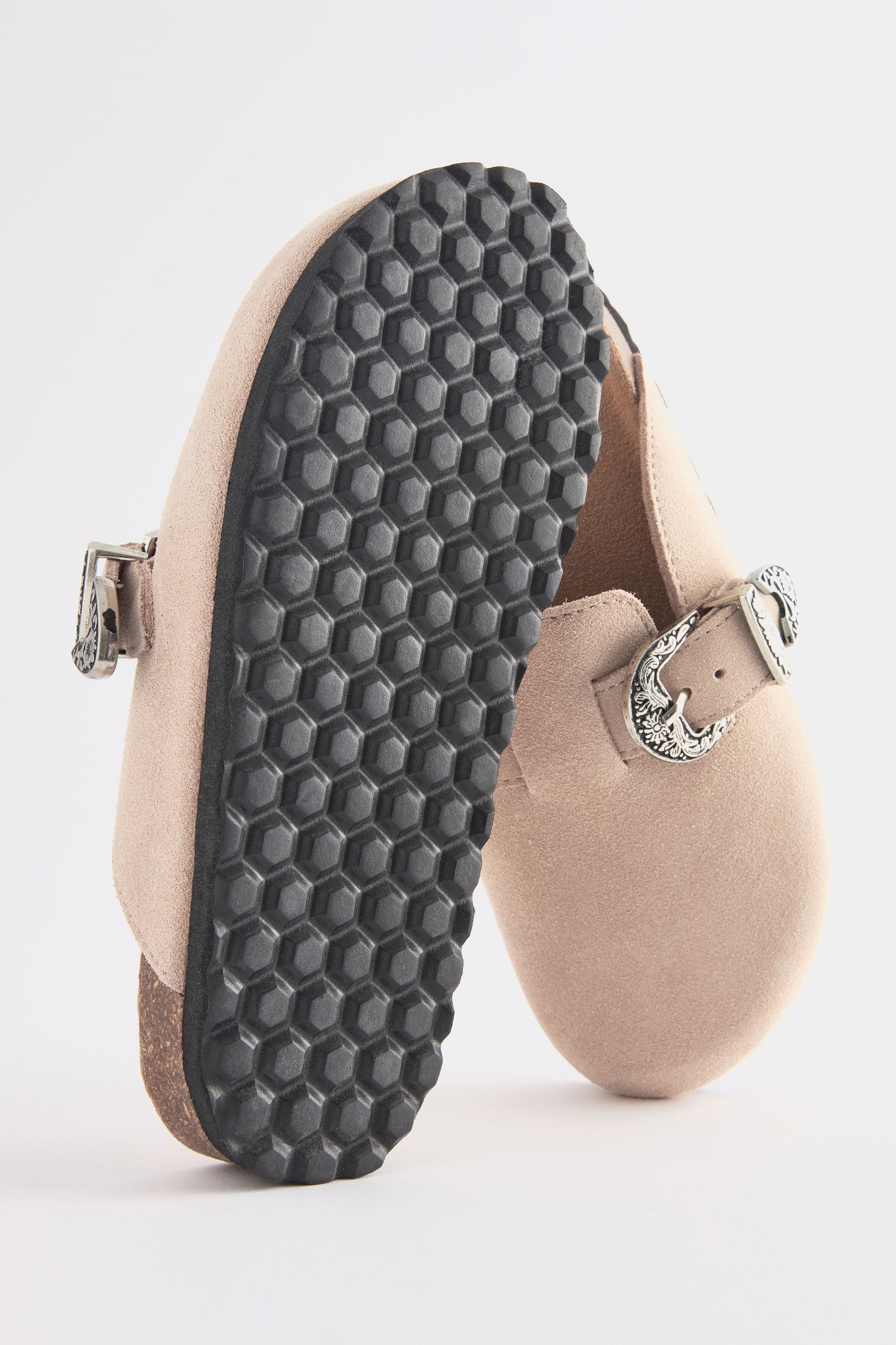 Neutral Western Buckle Suede Slip-On Clogs