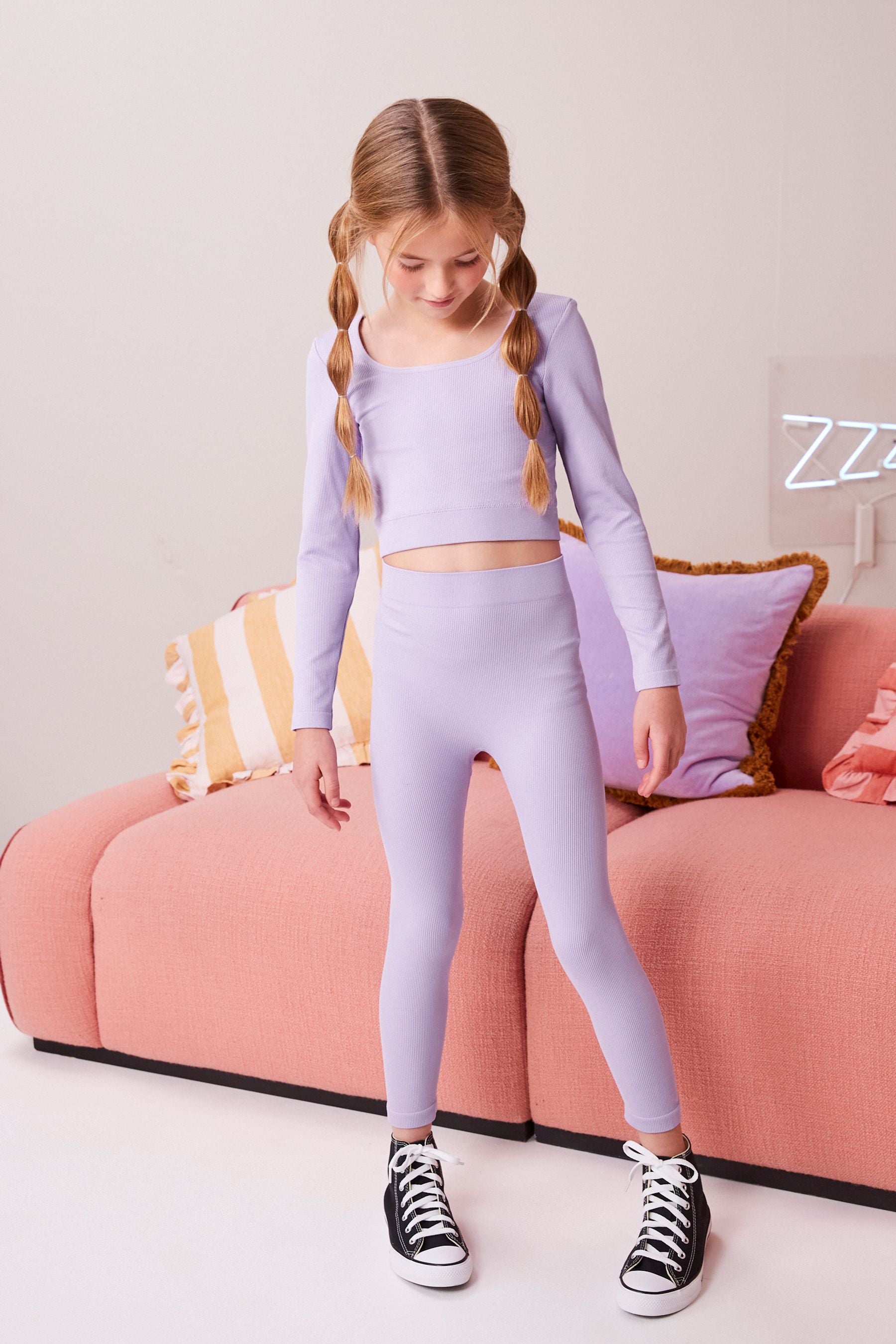 Lilac Purple Ribbed Stretch Top & Leggings Set (7-16yrs)