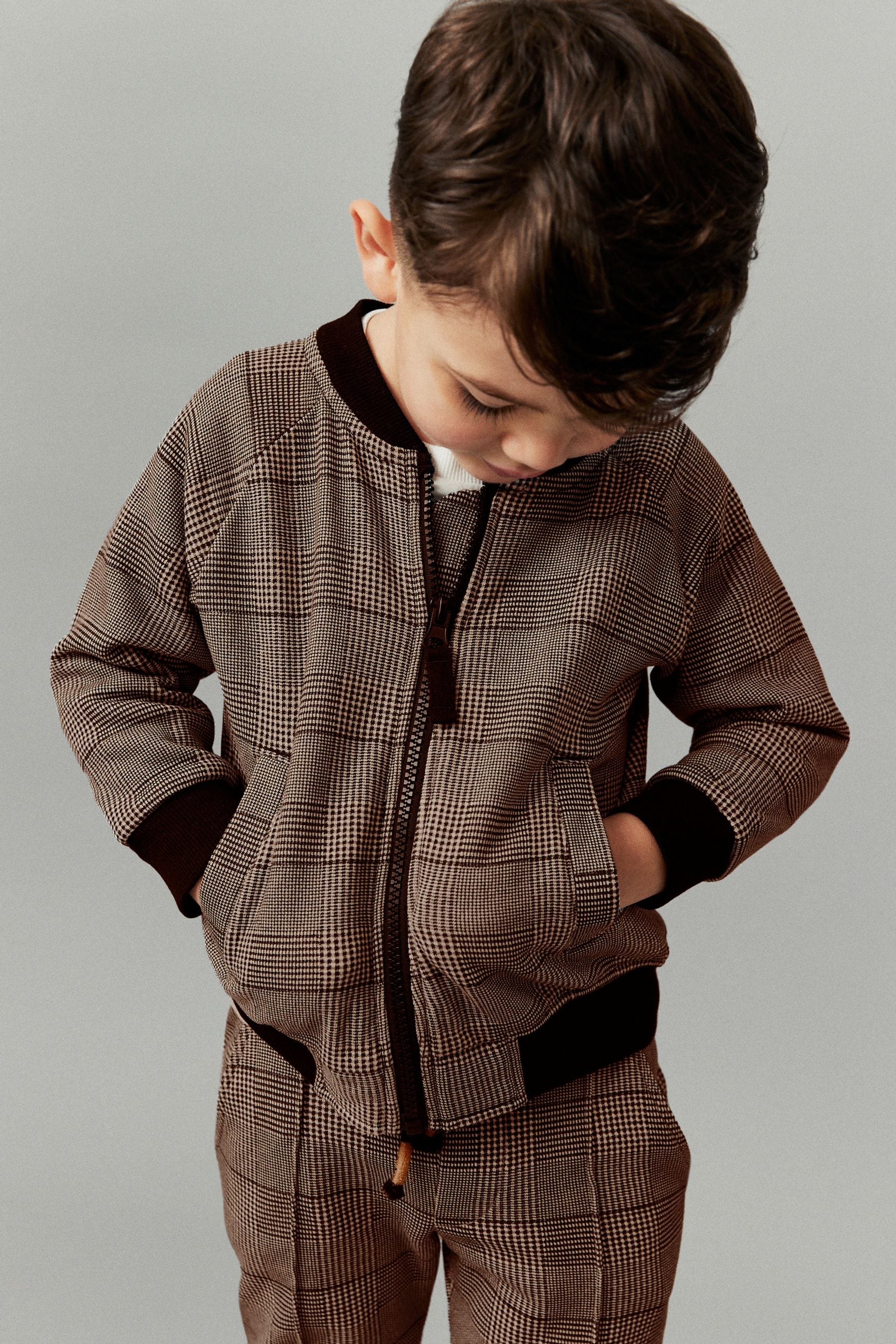 Tan Brown 3 Piece Jersey Check Bomber and Jogger Set (3mths-7yrs)