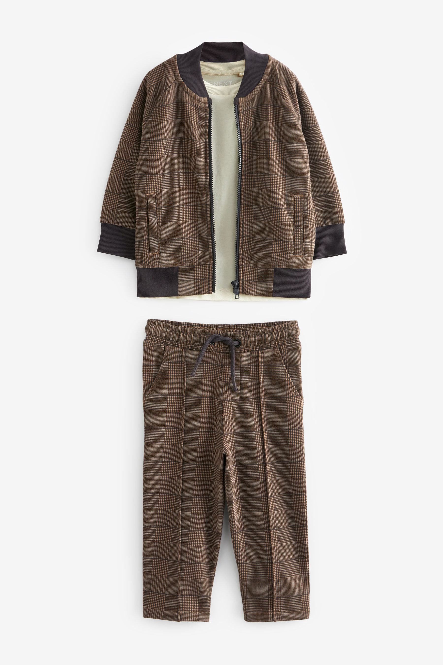 Tan Brown 3 Piece Jersey Check Bomber and Jogger Set (3mths-7yrs)