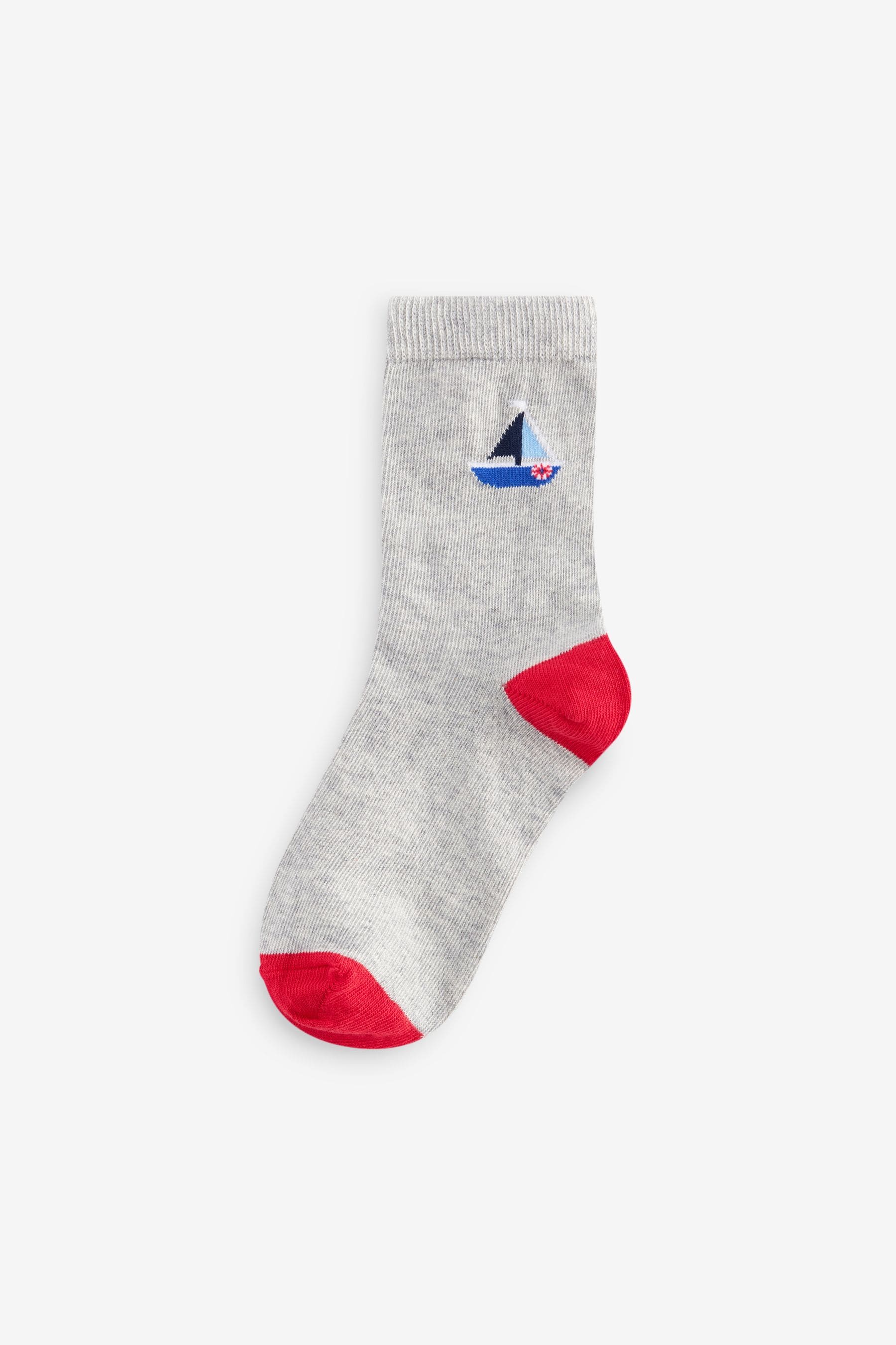 Blue/Red Nautical Stripe/Boat Cotton Rich Socks 7 Pack