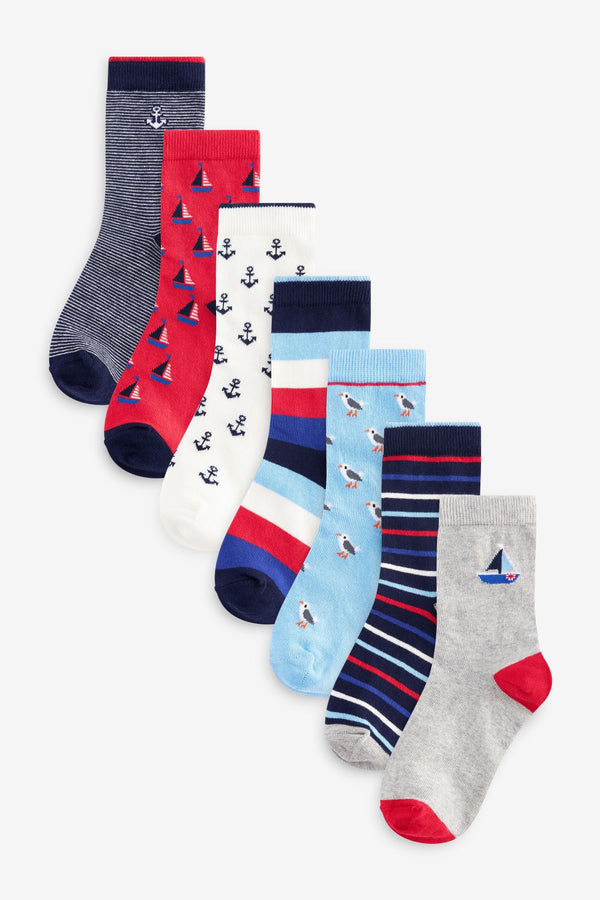 Blue/Red Nautical Stripe/Boat Cotton Rich Socks 7 Pack