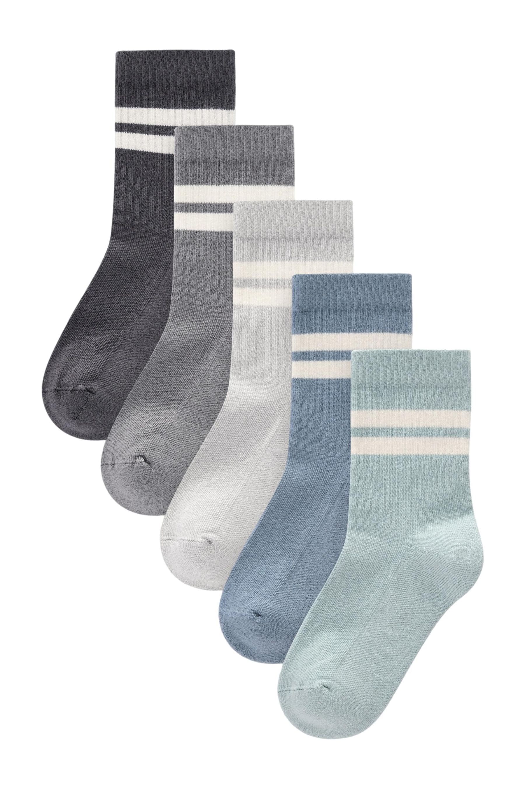 Mineral Blue/Grey Cushioned Footbed Cotton Rich Ribbed Socks 5 Pack