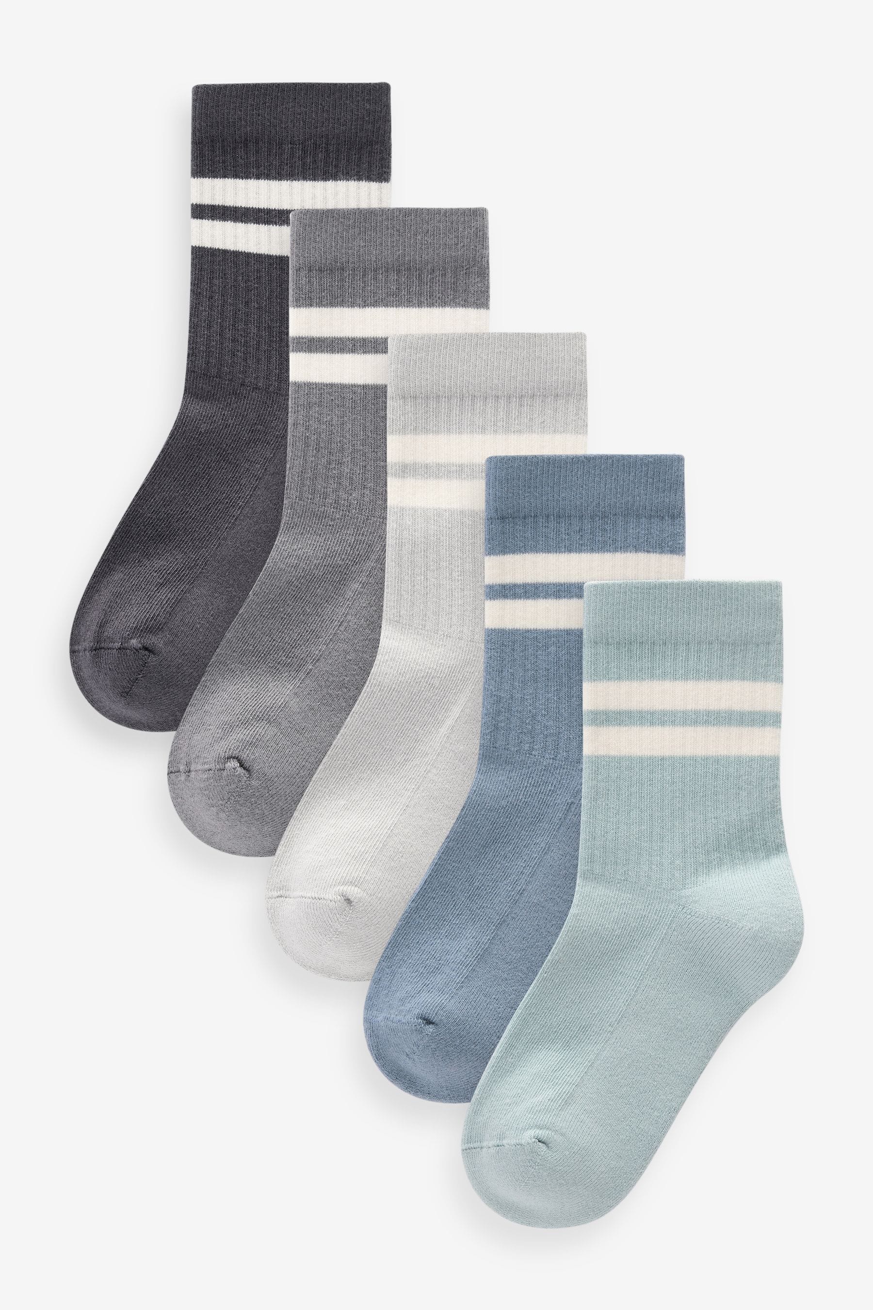 Mineral Blue/Grey Cushioned Footbed Cotton Rich Ribbed Socks 5 Pack