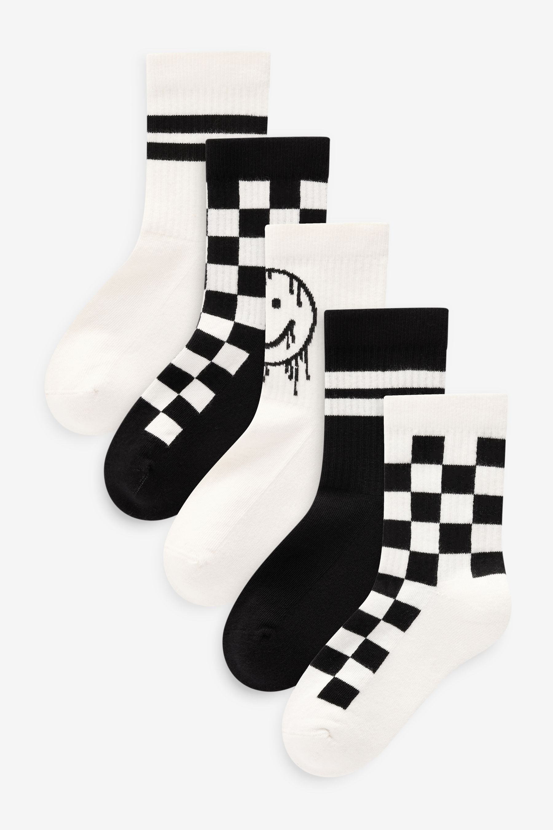 White/Black Checkerboard Cushioned Footbed Cotton Rich Ribbed Socks 5 Pack