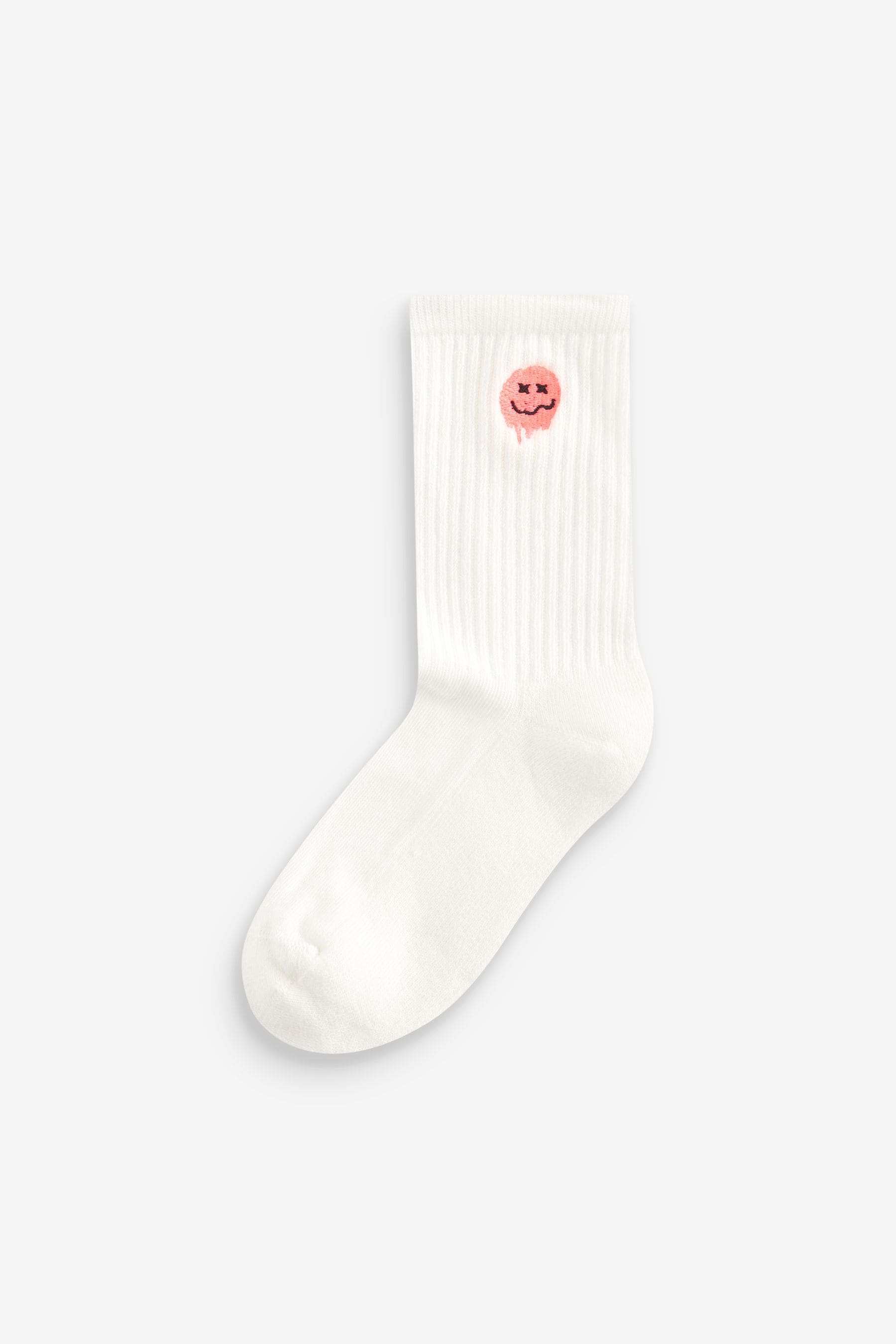 Smile Face Embroderies Cushioned Footbed Cotton Rich Ribbed Socks 5 Pack