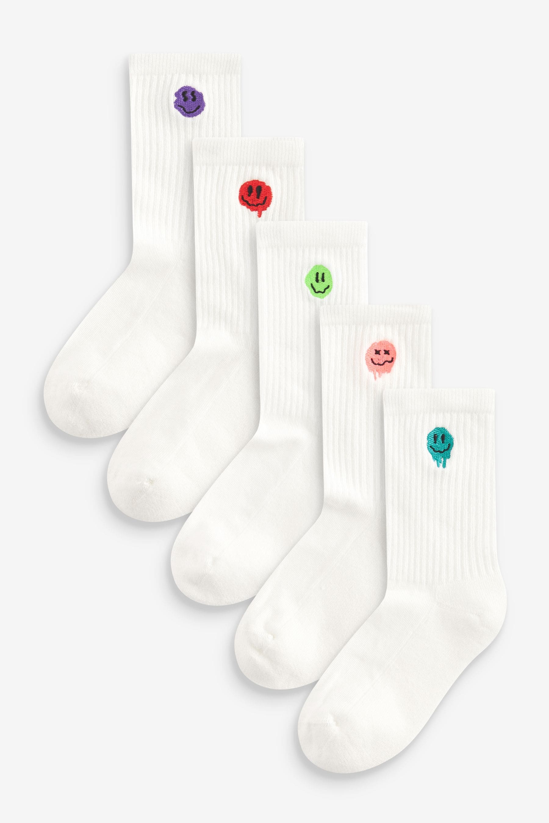 Smile Face Embroderies Cushioned Footbed Cotton Rich Ribbed Socks 5 Pack