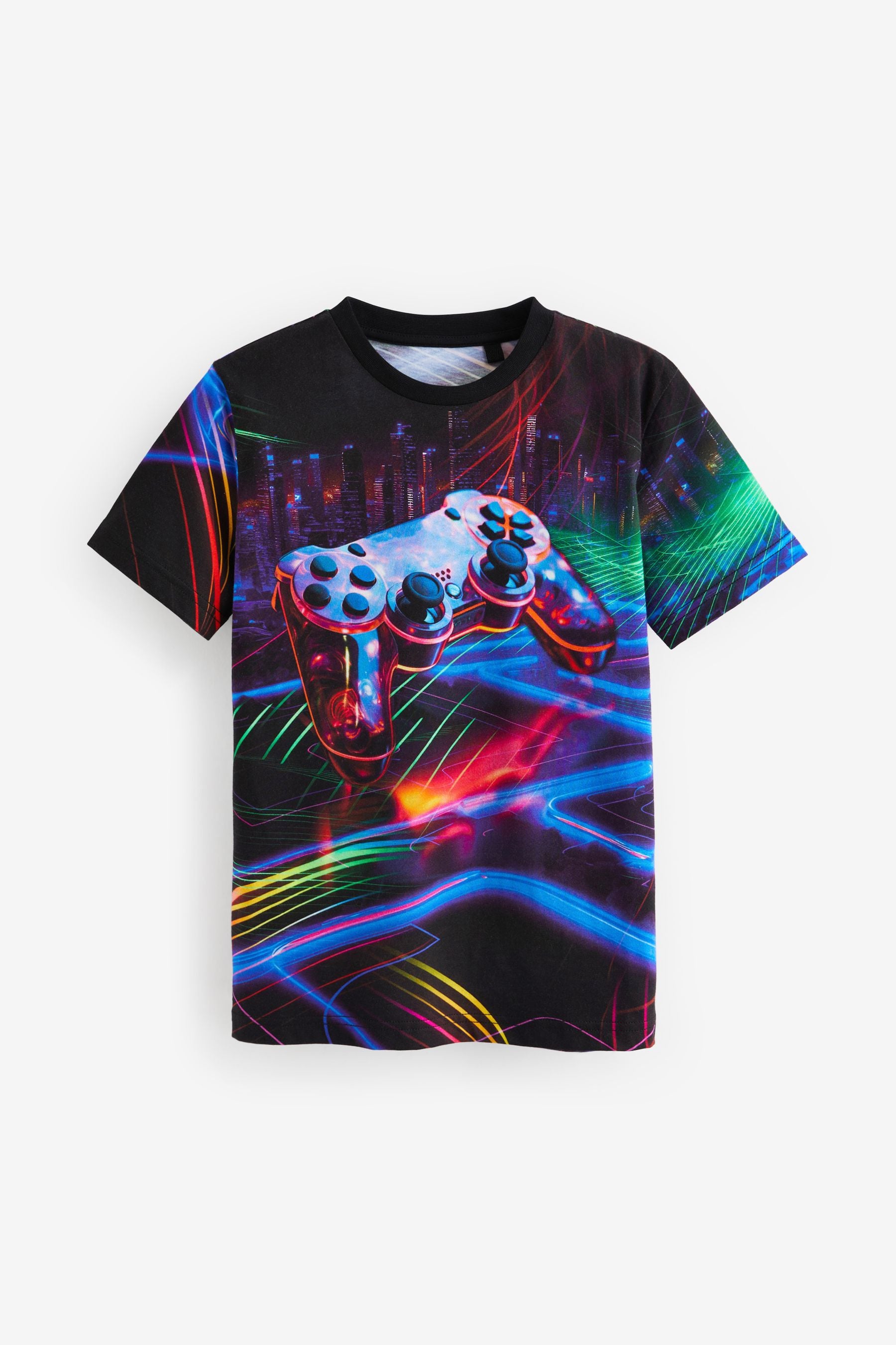 Black Controller All-Over Print Short Sleeves 100% Cotton T-Shirt (3-16yrs)