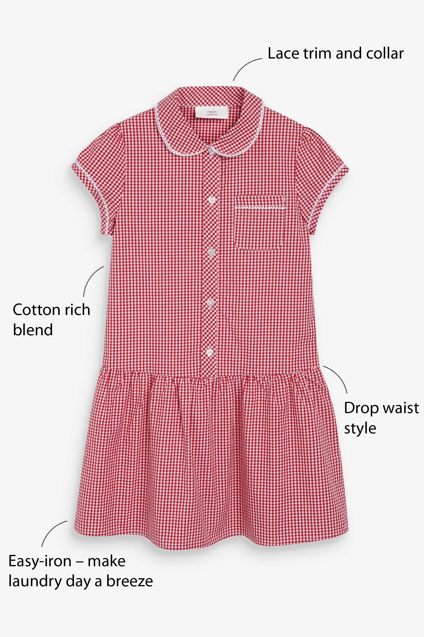 Red Cotton Rich Drop Waist Gingham School Dress (3-14yrs)