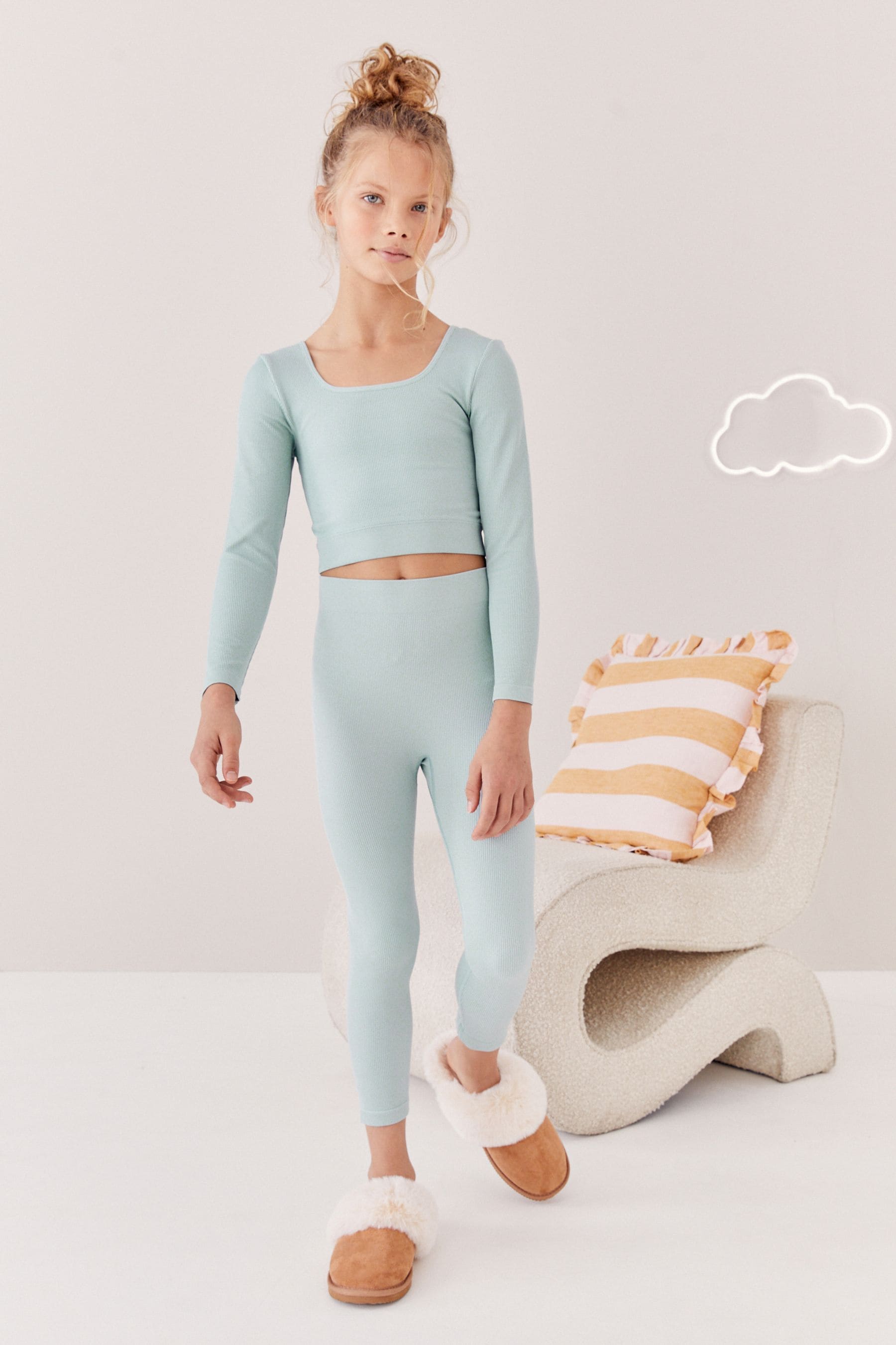 Sage Green Ribbed Stretch Top & Leggings Set (7-16yrs)