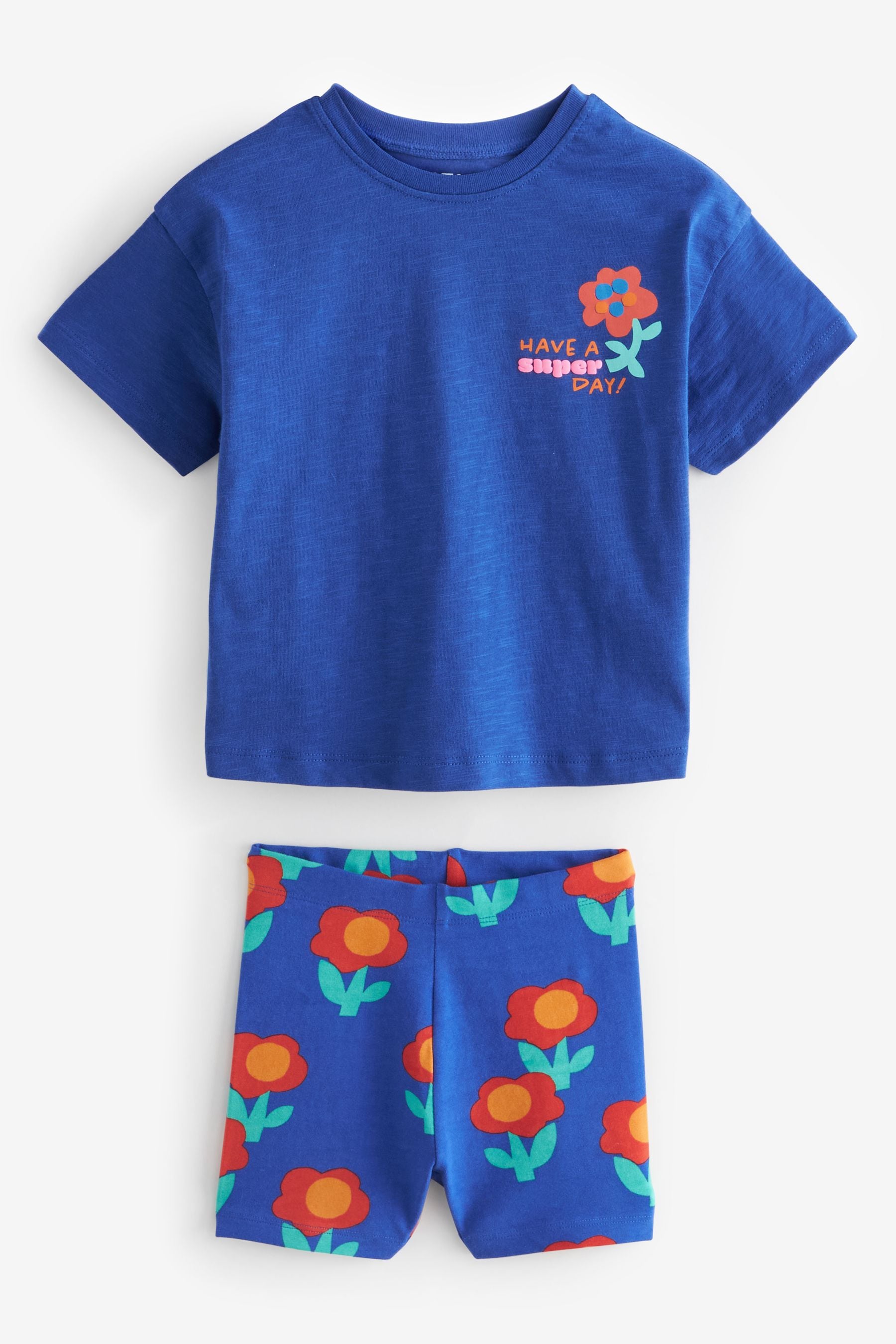 Blue Pink Flower T-Shirt and Shorts 4 Piece Set (3mths-7yrs)