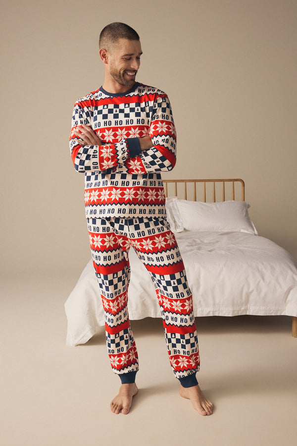 Red/Navy Blue Matching Family Mens Christmas Ho Ho Ho Fairisle Pattern Pyjamas