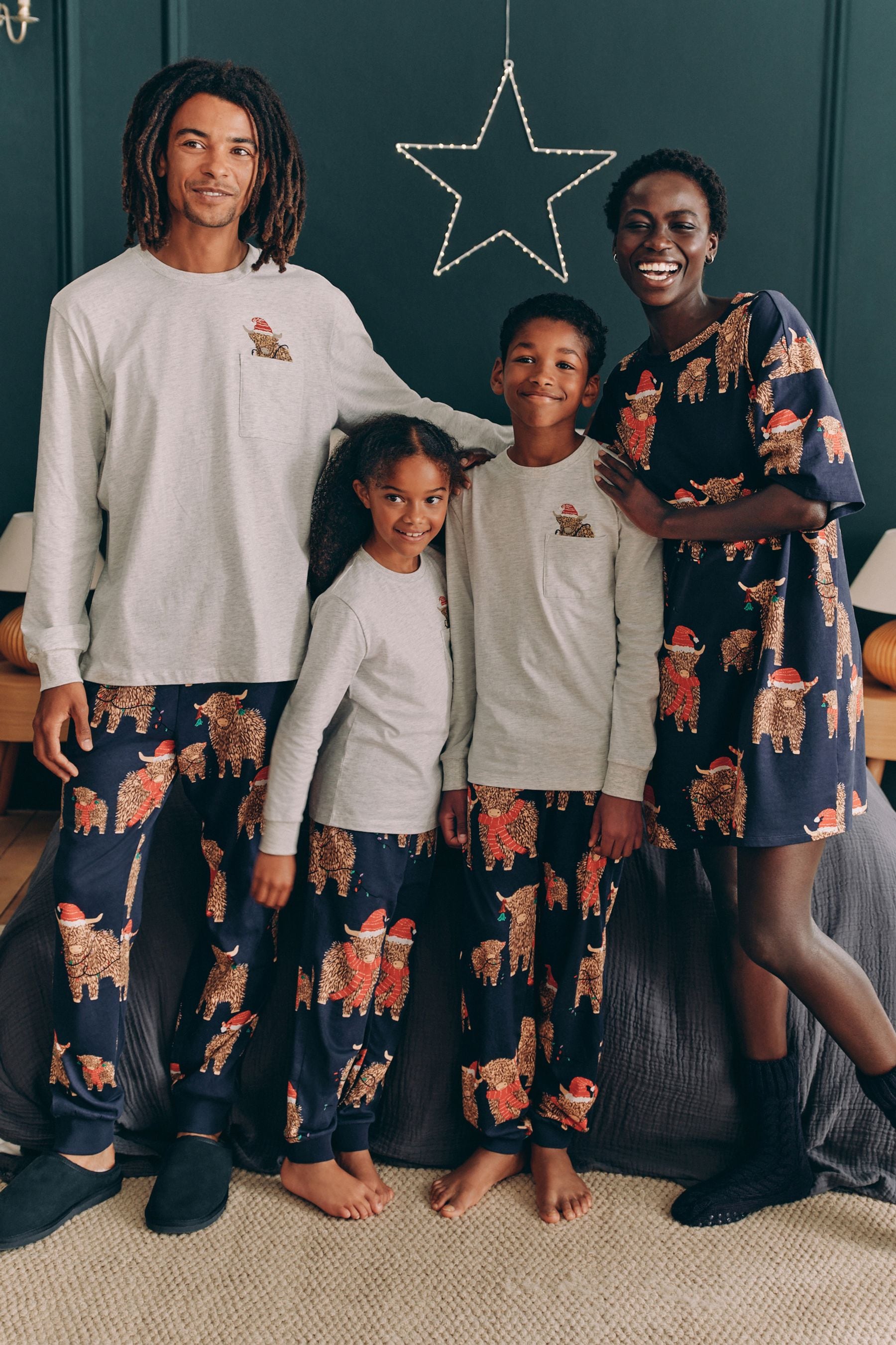 Grey/Navy Blue Mens Matching Family Christmas Hamish The Highland Cow Pyjamas