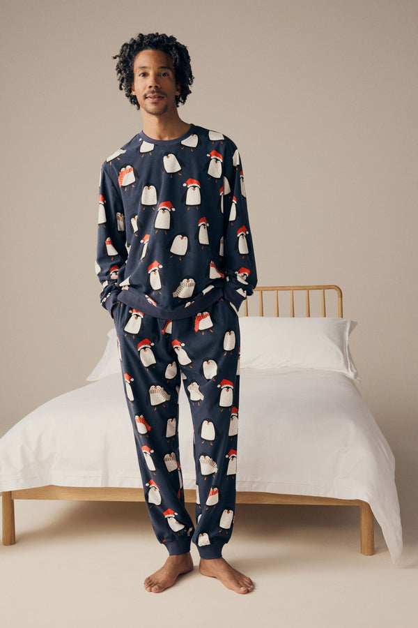 Navy Blue Matching Family Mens Christmas Penguin Pyjamas