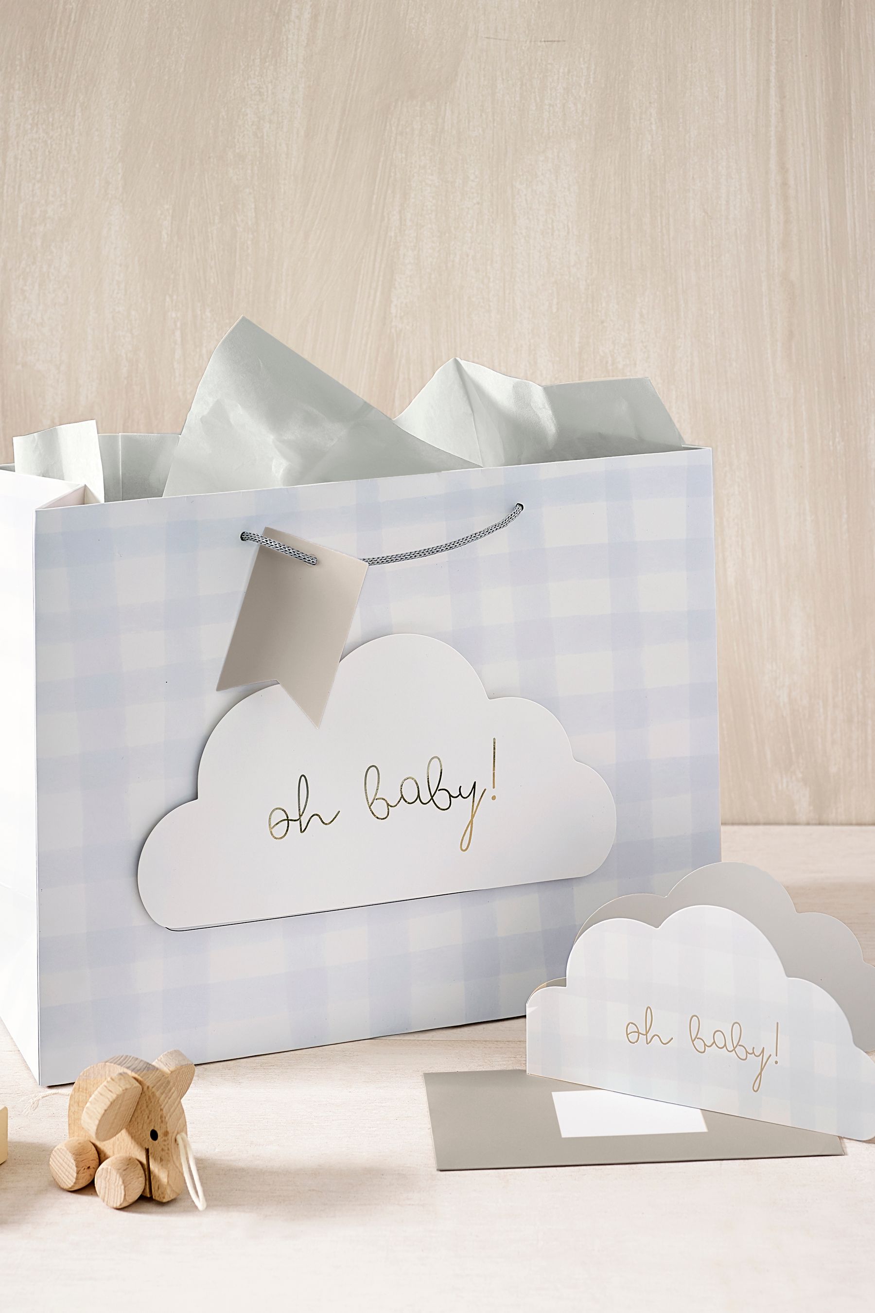 Natural Gingham Baby Gift Bag and Card Set