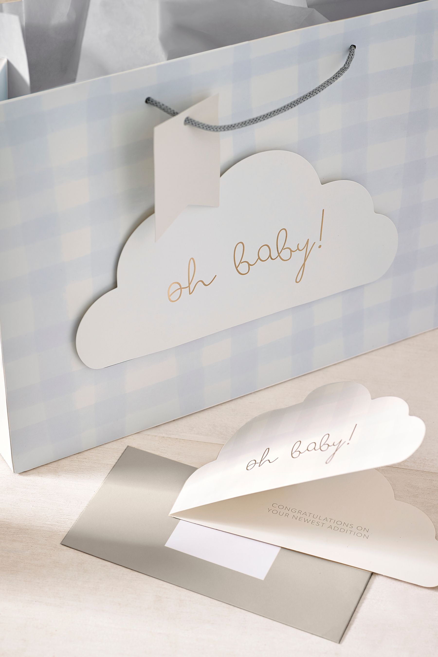 Natural Gingham Baby Gift Bag and Card Set