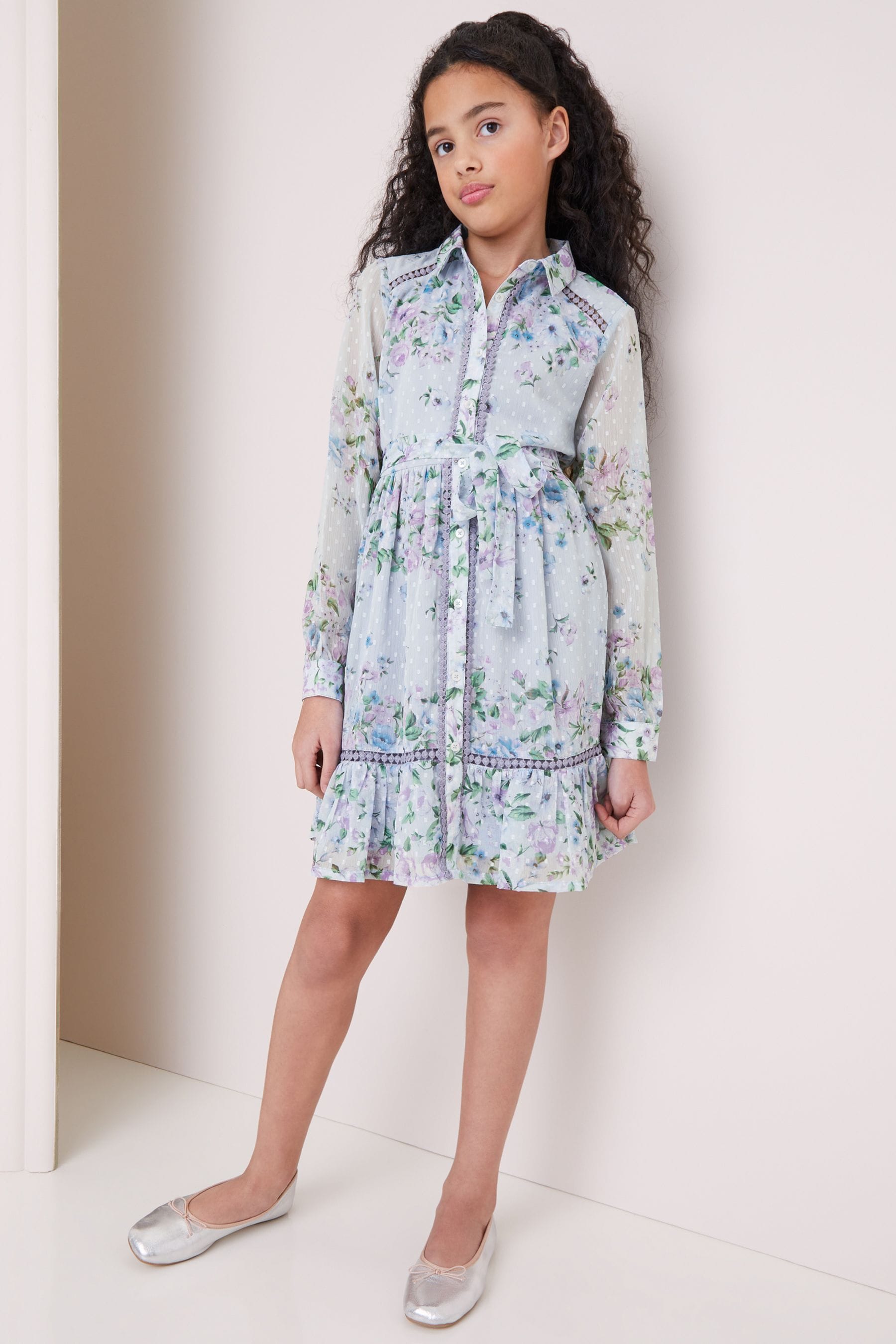 Blue Printed Chiffon Trim Shirt Dress (5-16yrs)