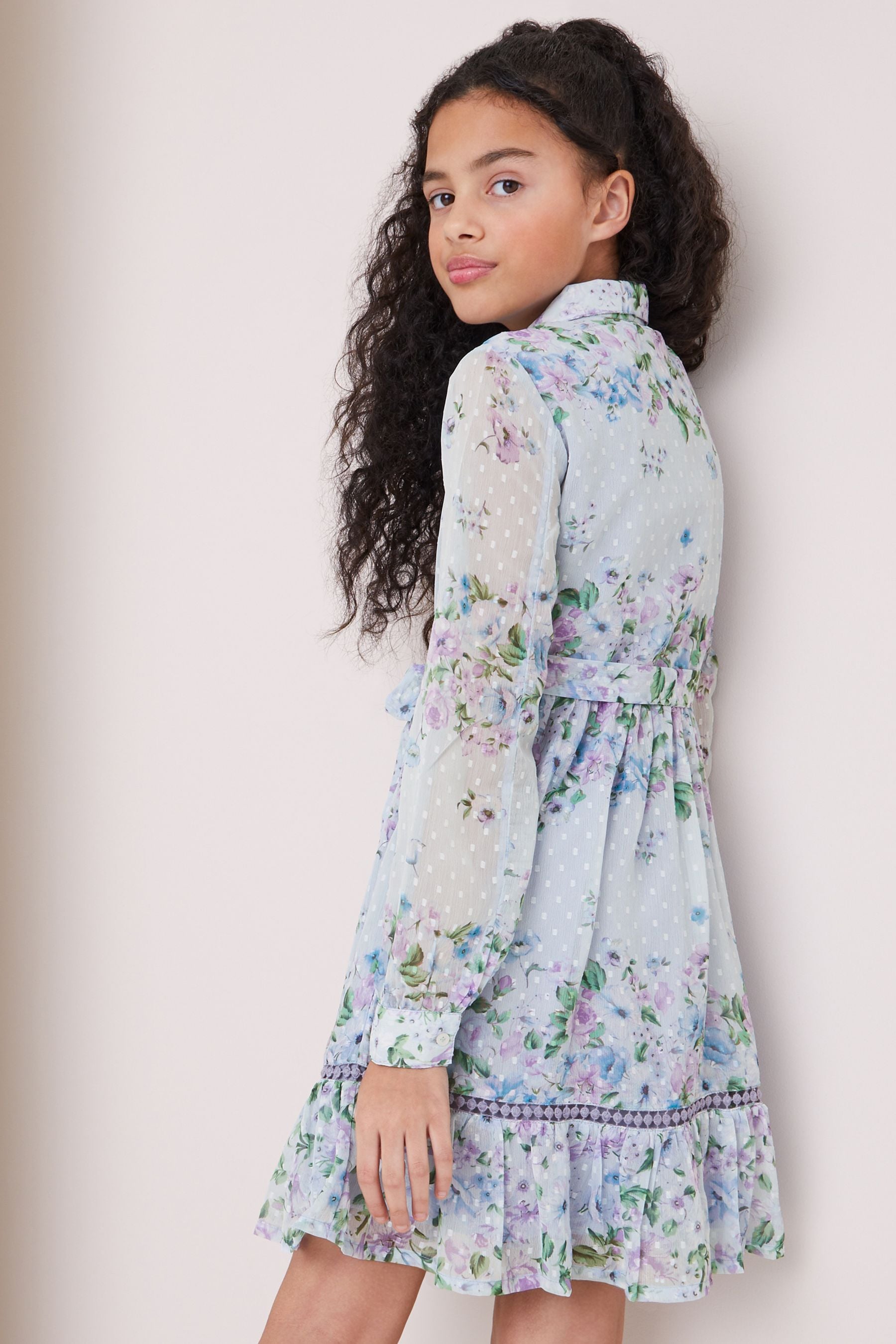 Blue Printed Chiffon Trim Shirt Dress (5-16yrs)