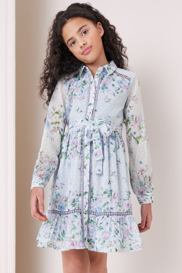 Blue Printed Chiffon Trim Shirt Dress (5-16yrs)