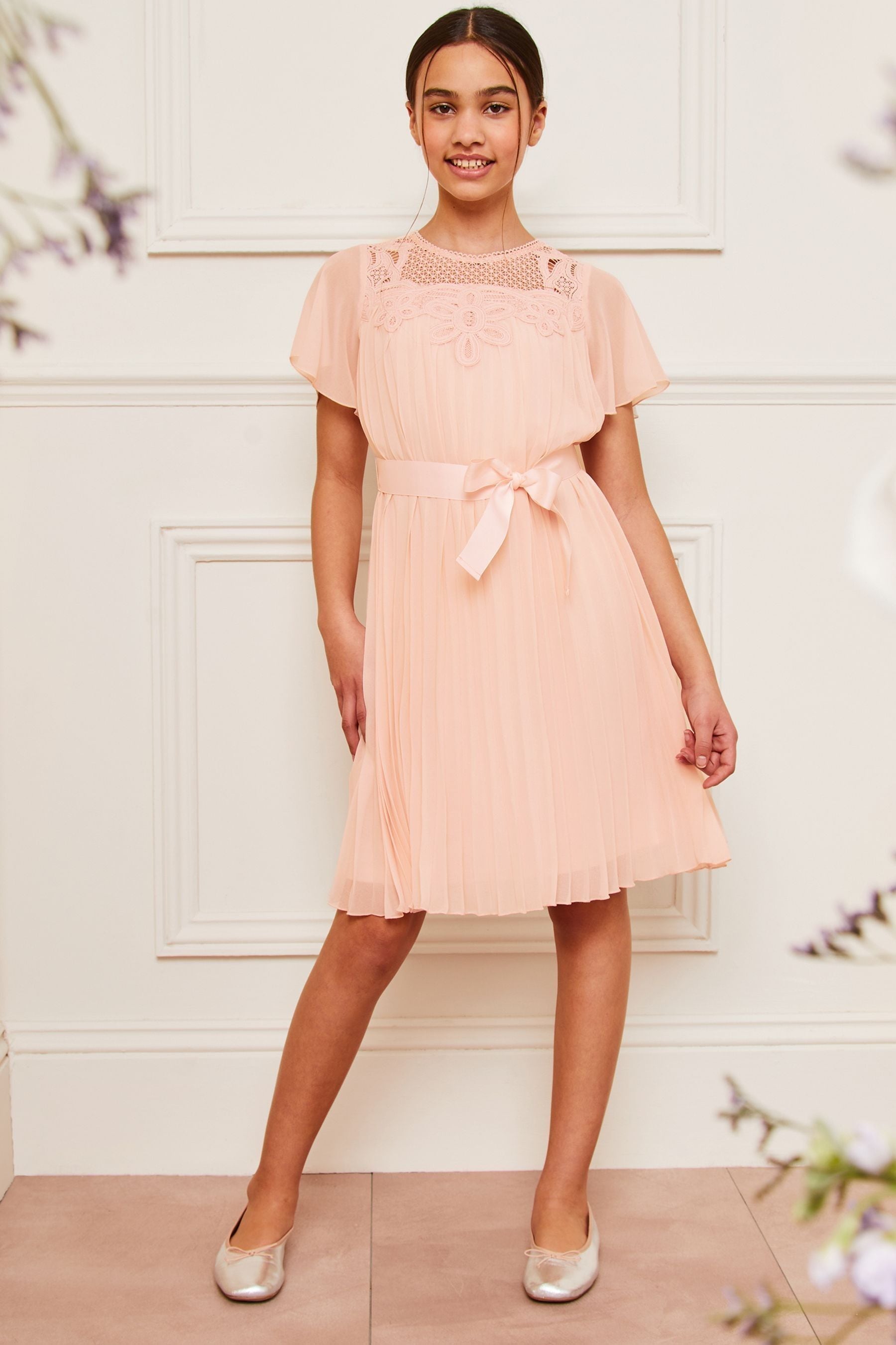 Pink Lipsy Flutter Sleeve Pleated Occasion Dress (5-16yrs)