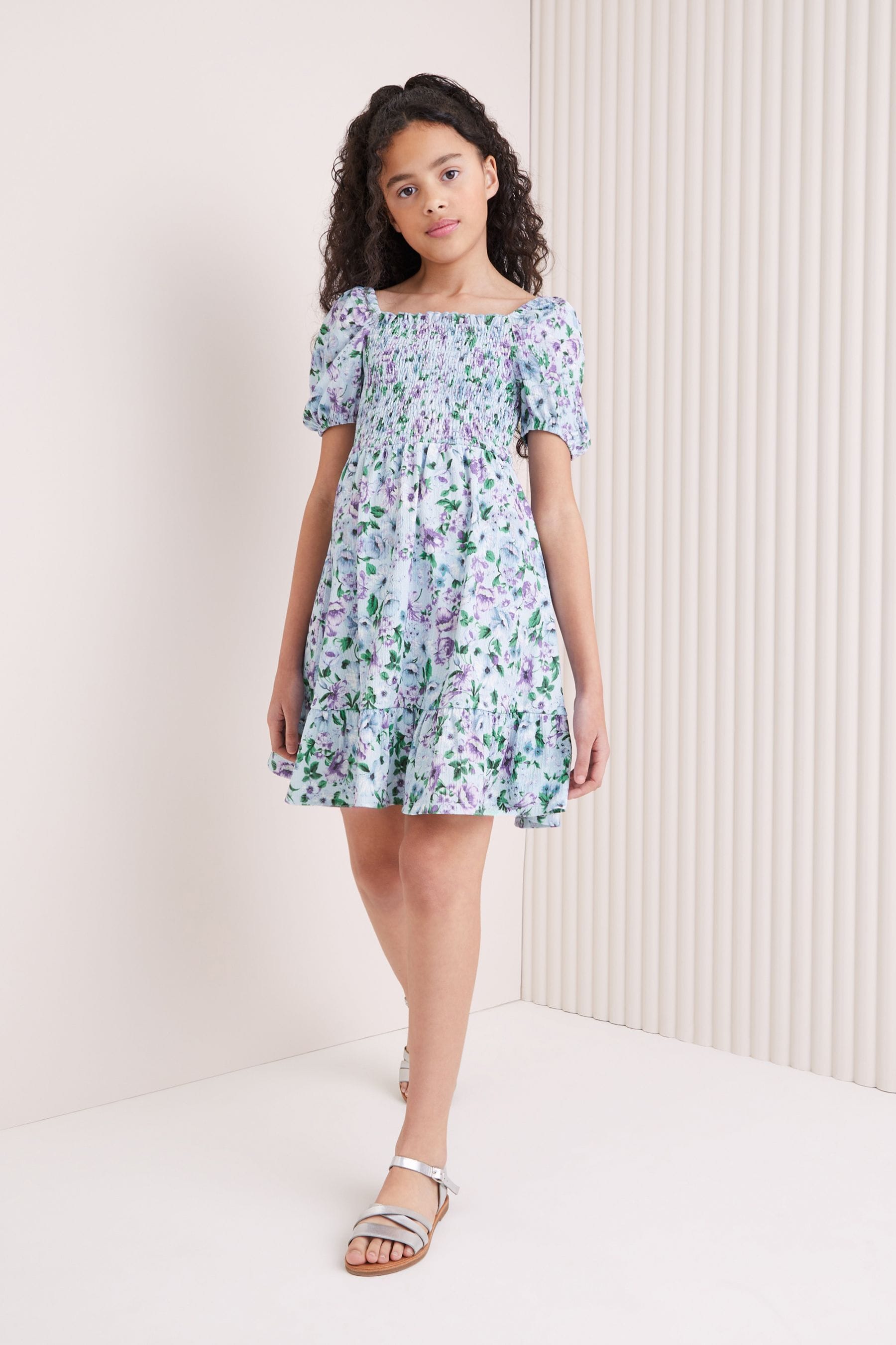 Blue Floral Square Neck Jersey Crinkle Dress